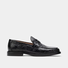 Calum Black Floral Leather Penny Loafers Pure Breeze Elastic Goring