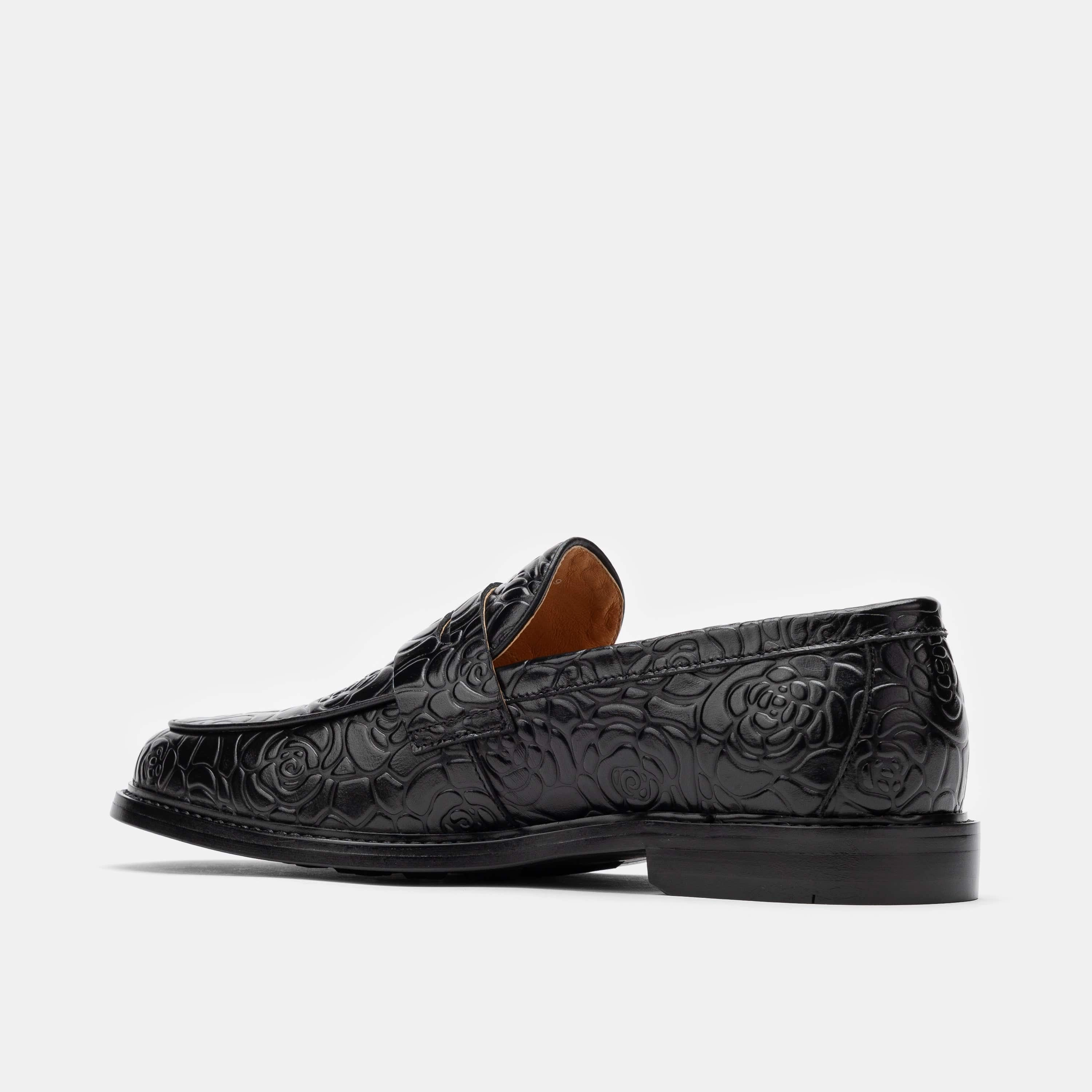 Neutral Tones Calum Black Floral Leather Penny Loafers