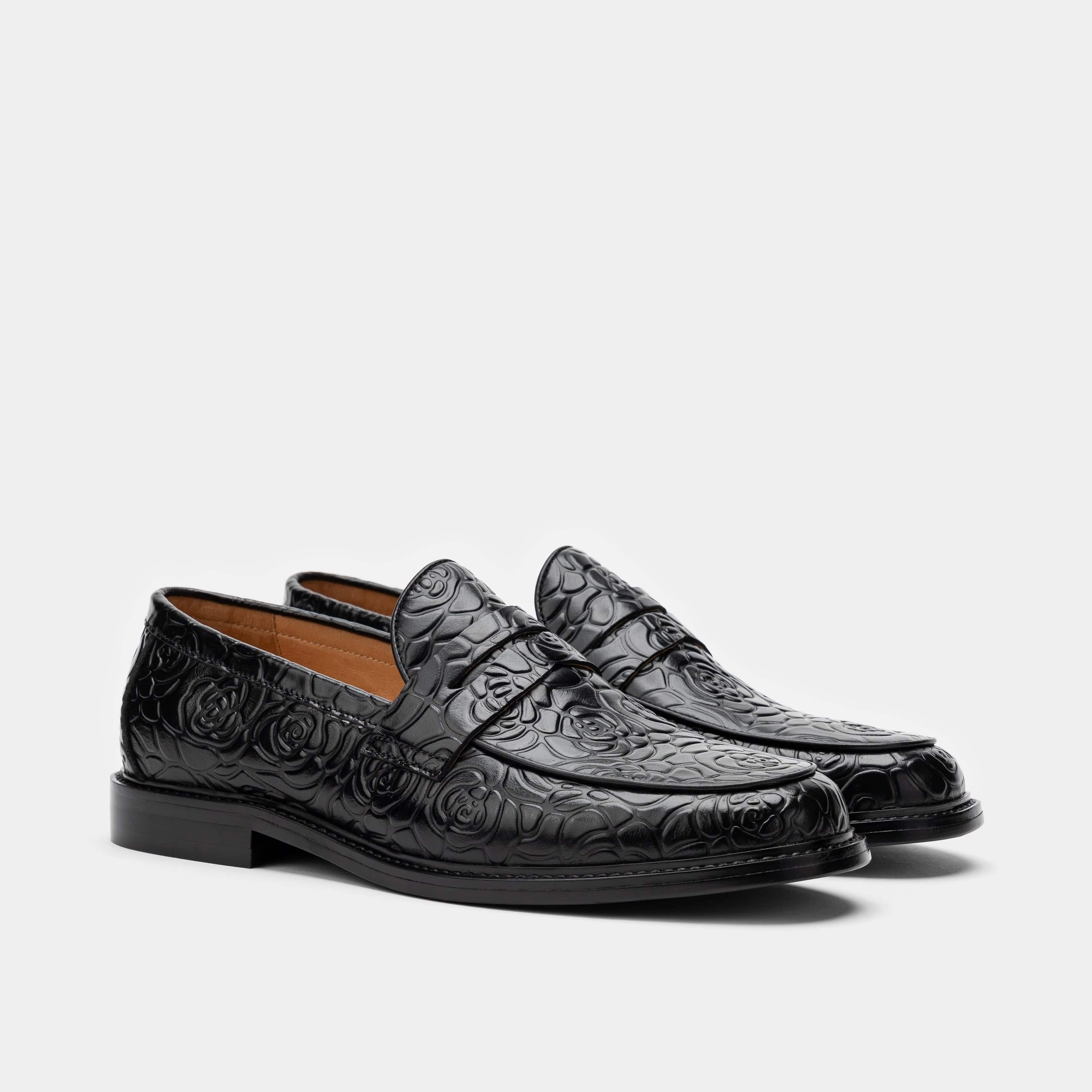 Neutral Tones Calum Black Floral Leather Penny Loafers