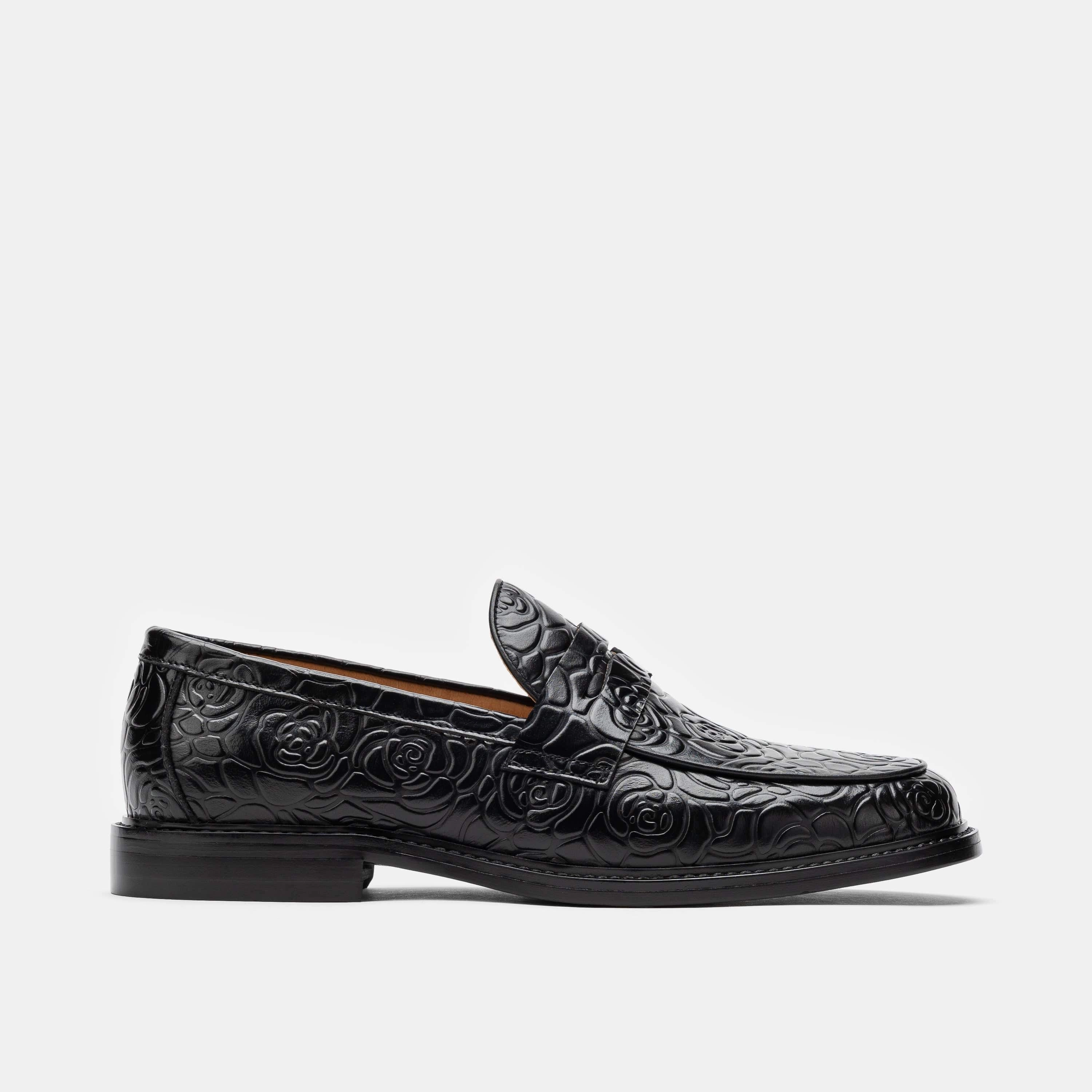 Calum Black Floral Leather Penny Loafers Pure Breeze Elastic Goring