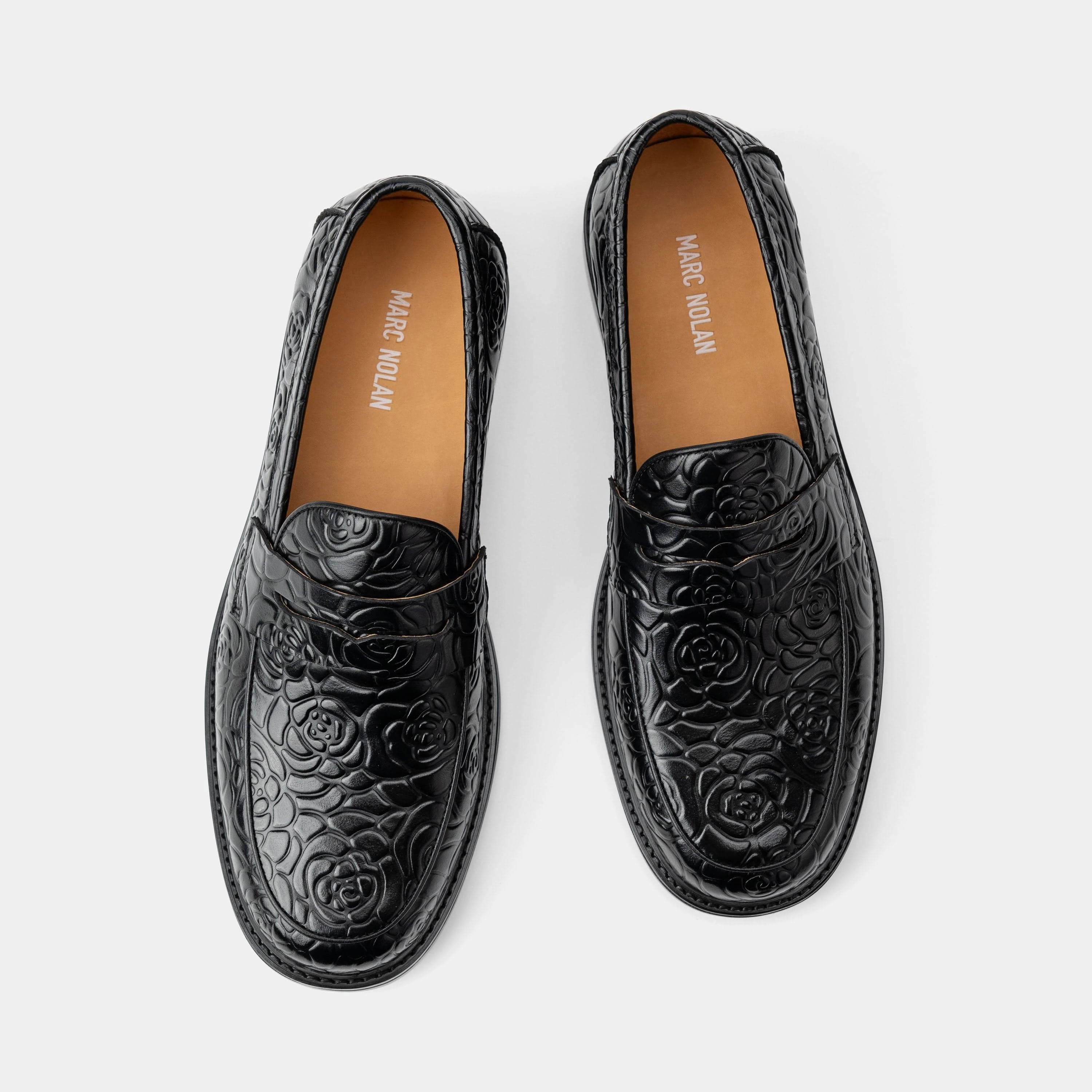 Neutral Tones Calum Black Floral Leather Penny Loafers