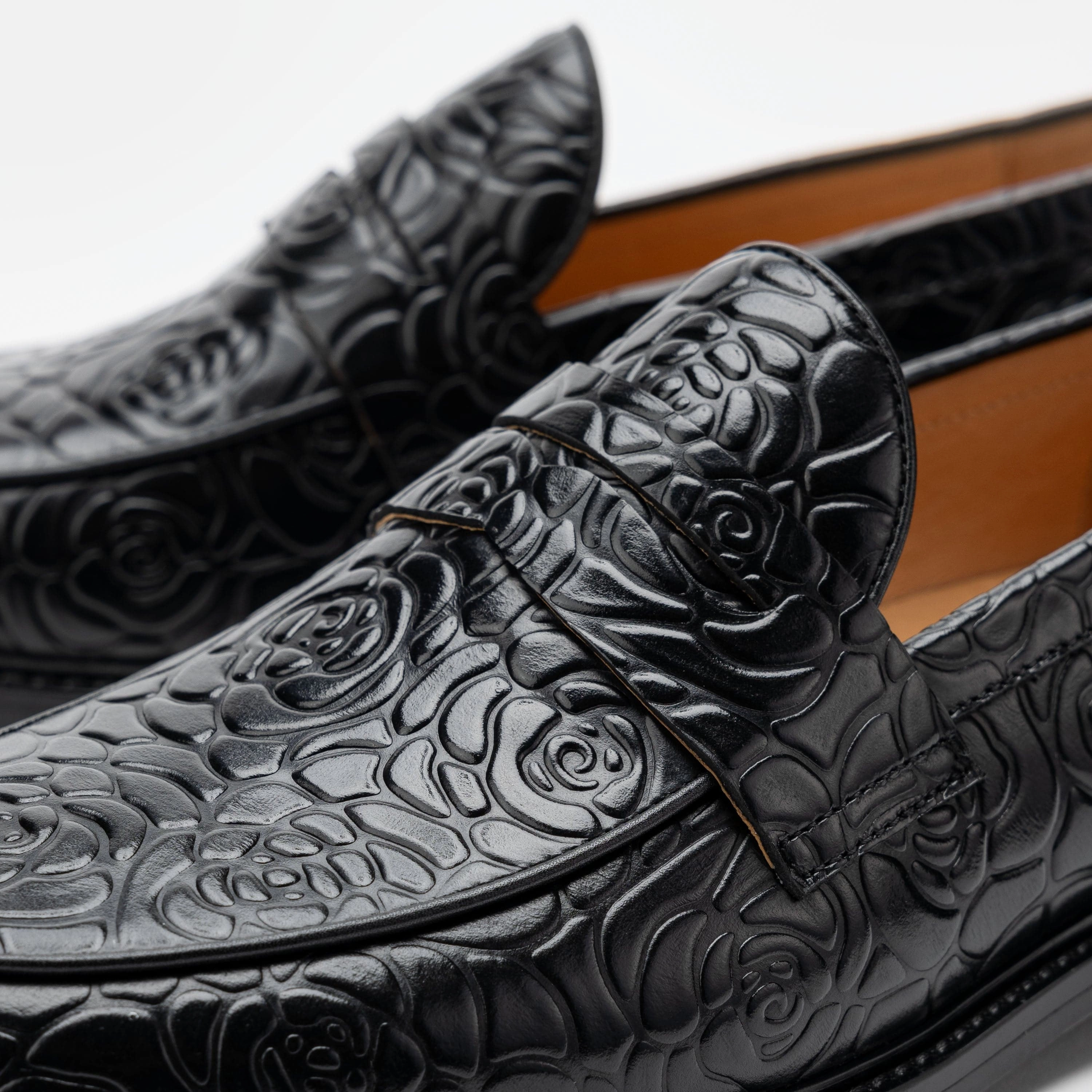 Neutral Tones Calum Black Floral Leather Penny Loafers