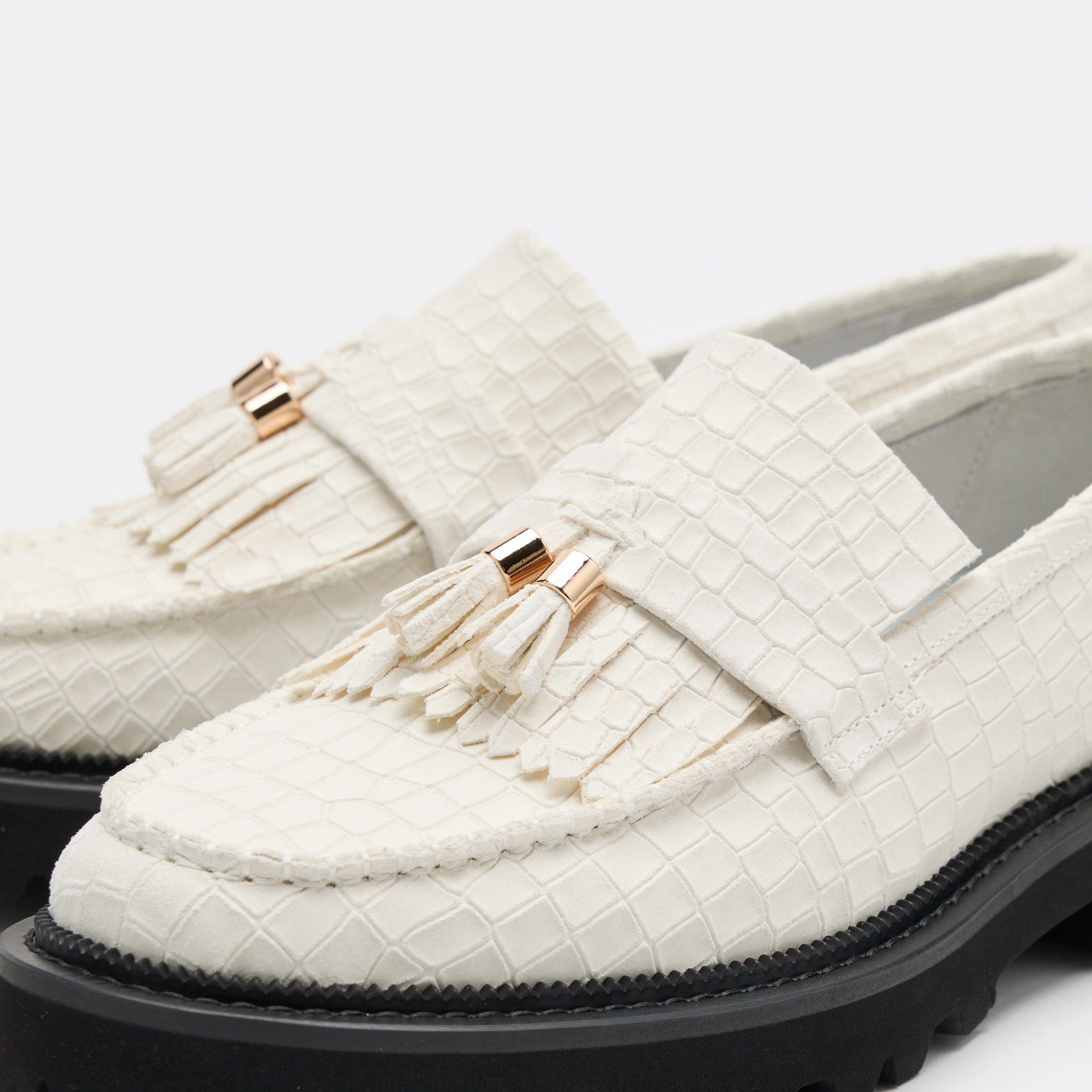 Office-To-Outing Journey White Croc Suede Lug Tassel Loafer