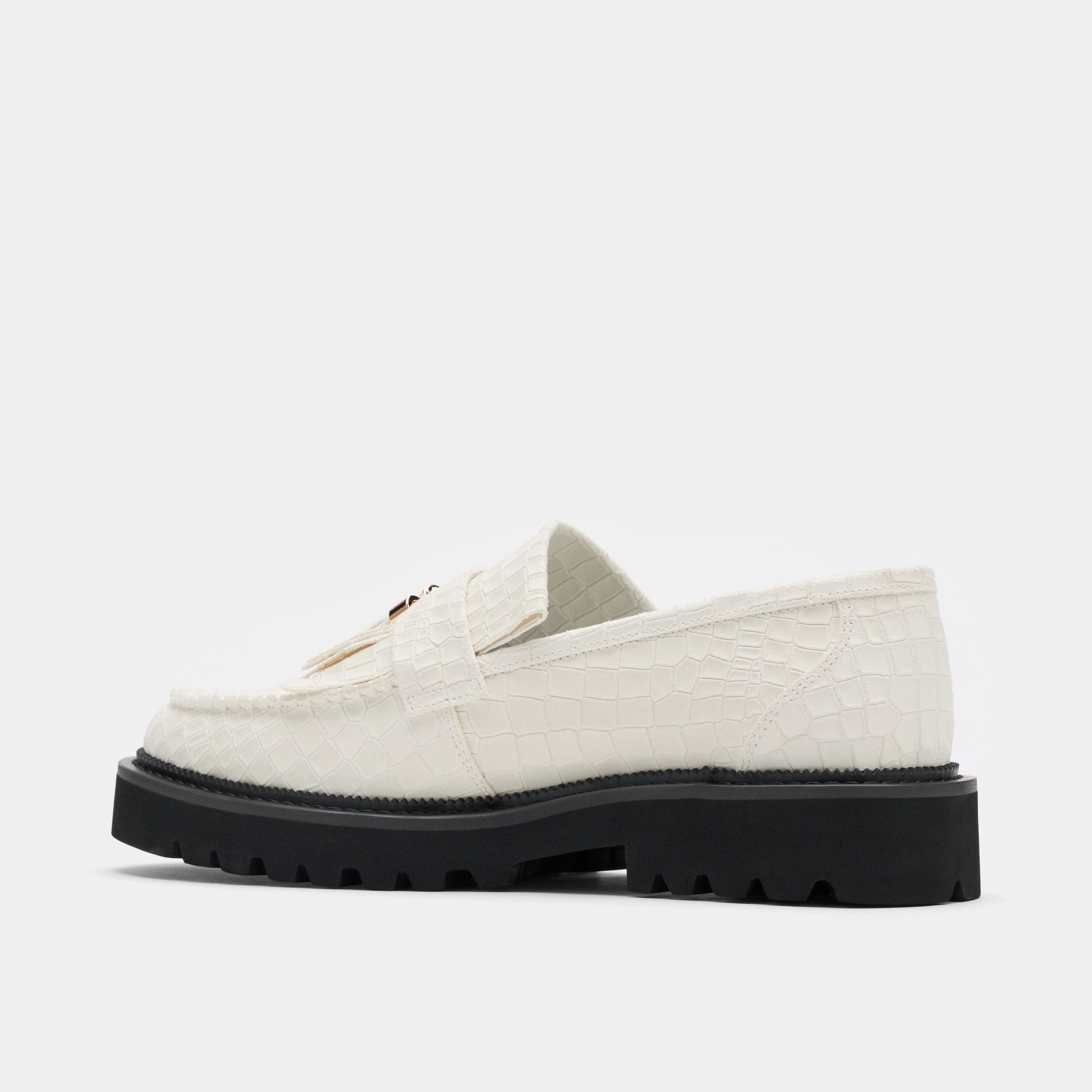 Office-To-Outing Journey White Croc Suede Lug Tassel Loafer