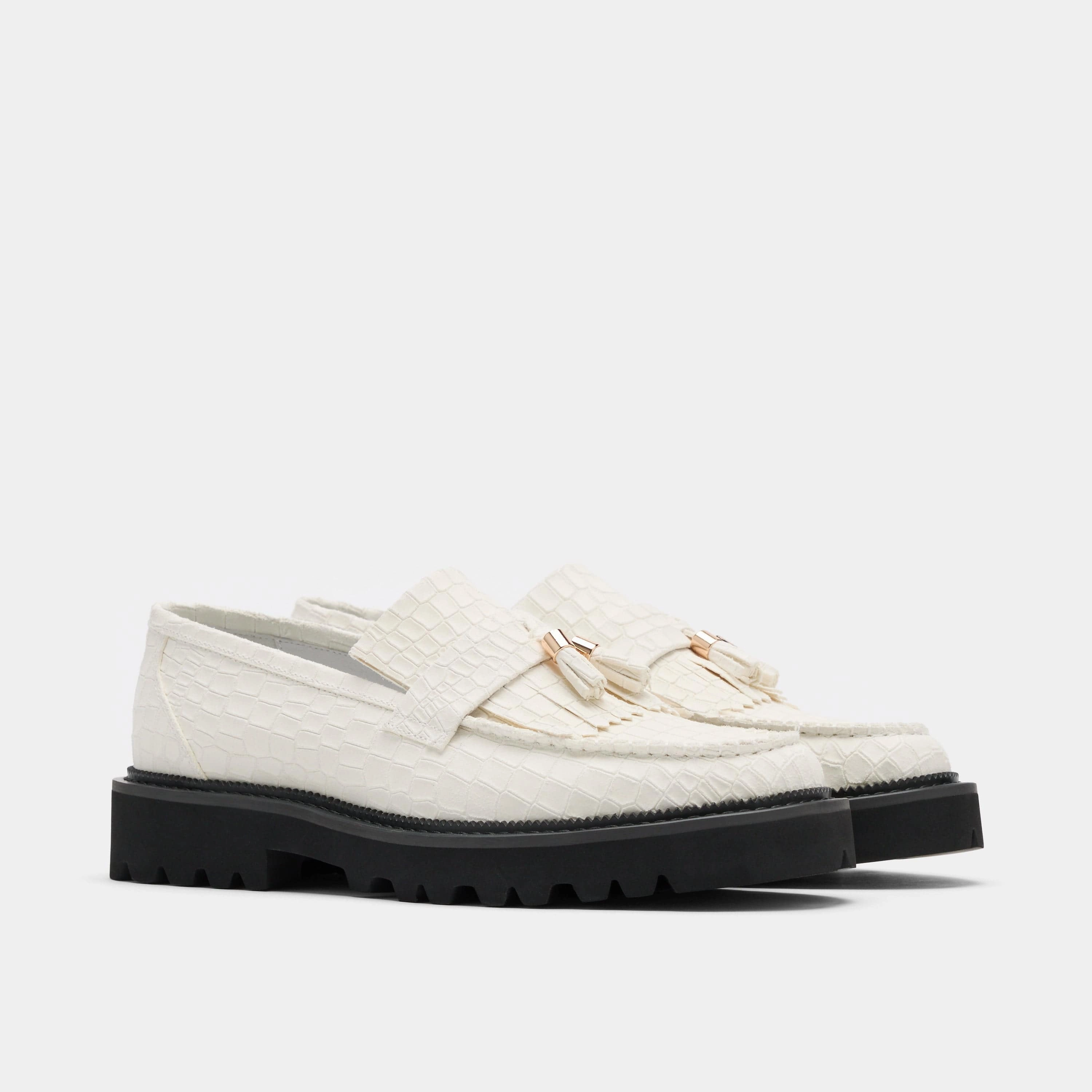 Office-To-Outing Journey White Croc Suede Lug Tassel Loafer