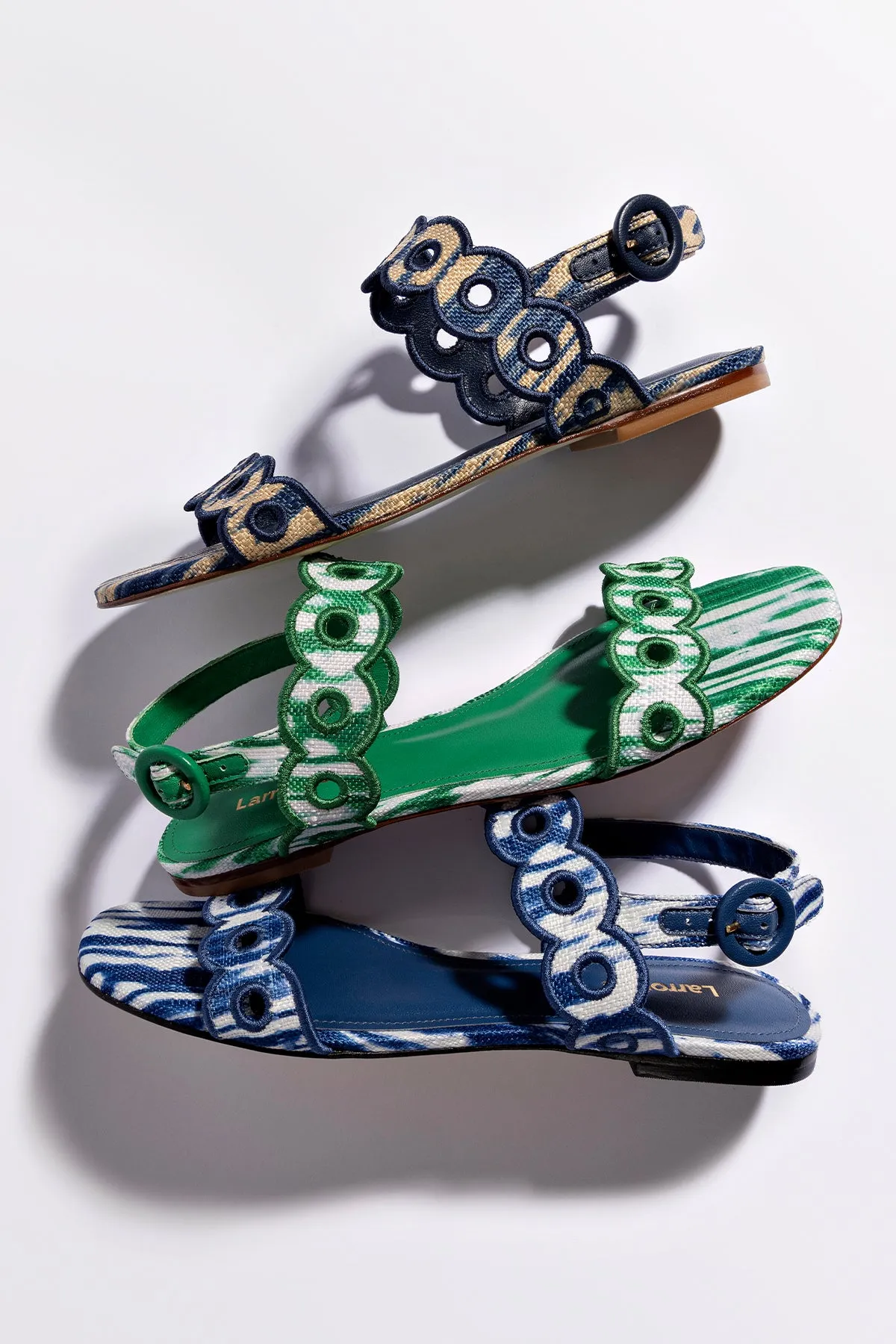Premium materials Florence Broderie Flat Sandal In Tie Dye Beige and Navy Raffia