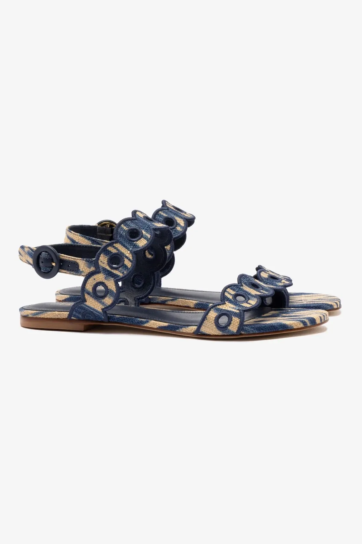 Premium materials Florence Broderie Flat Sandal In Tie Dye Beige and Navy Raffia
