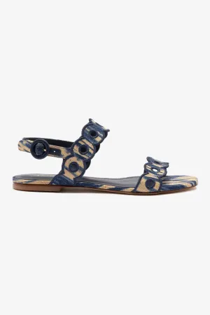 Florence Broderie Flat Sandal In Tie Dye Beige and Navy Raffia Shock Absorbing Footwear Comfort Wear Shoes