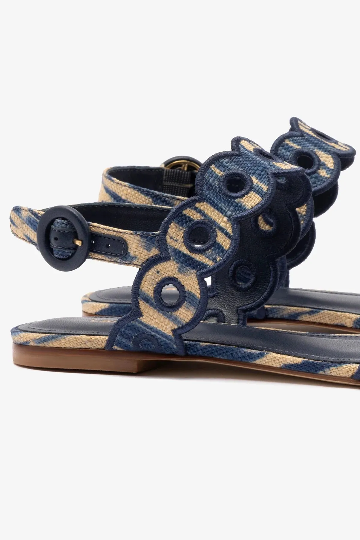 Premium materials Florence Broderie Flat Sandal In Tie Dye Beige and Navy Raffia