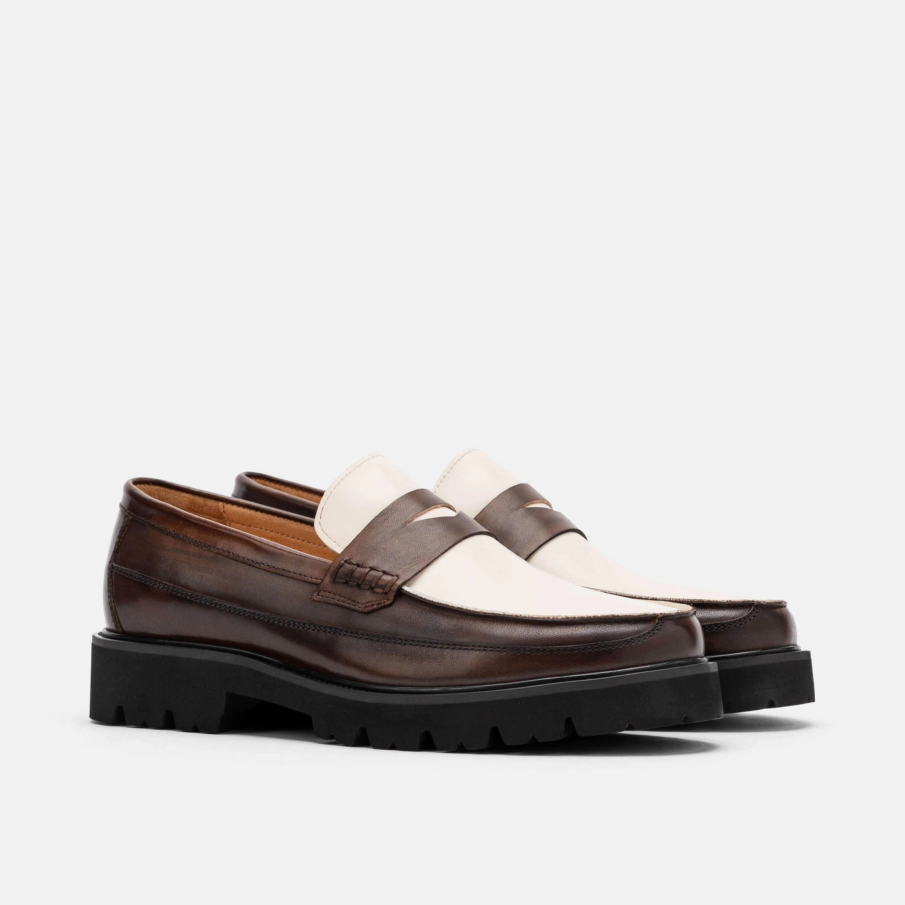 Premium Build Adler Brown/White Leather Lug Penny Loafers