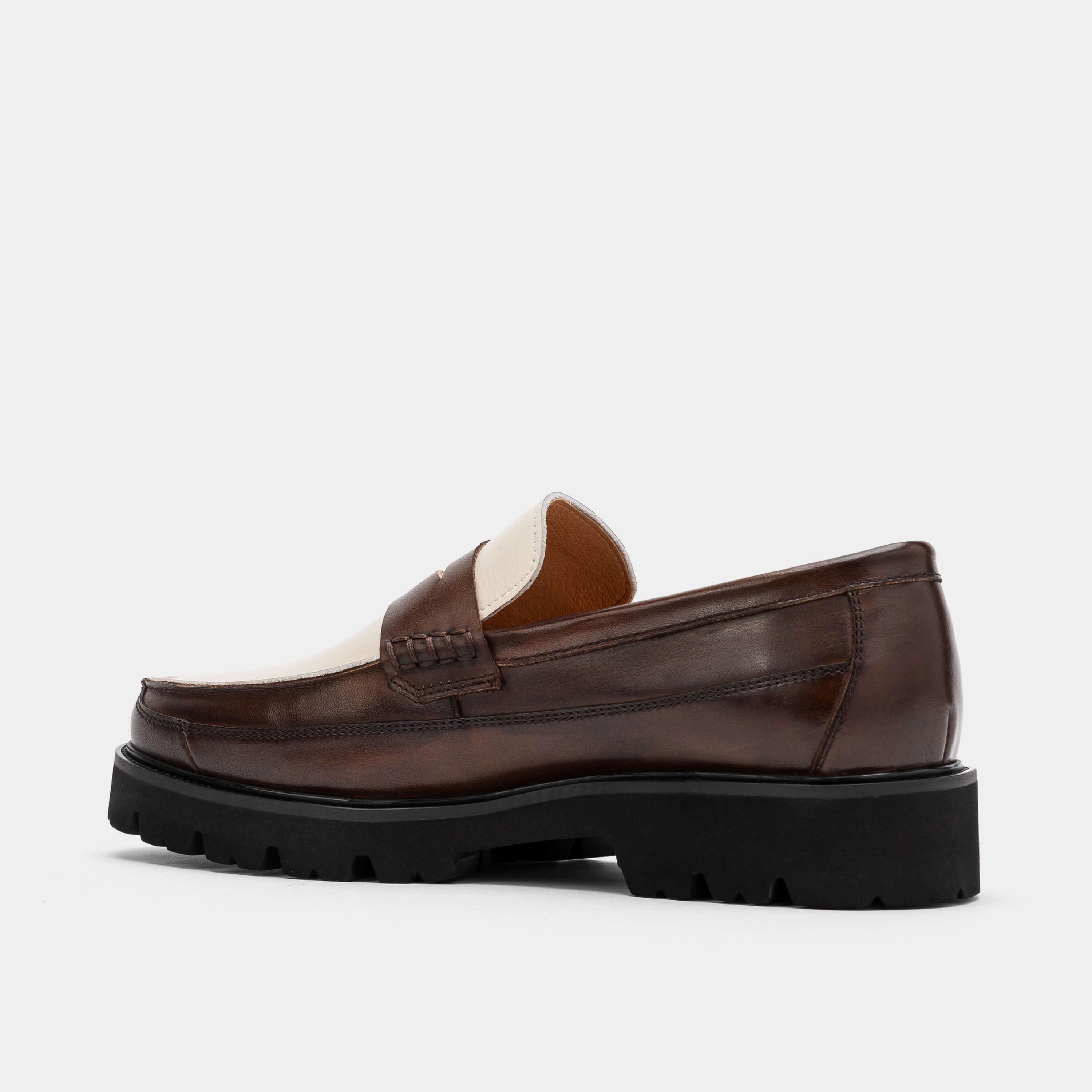 Premium Build Adler Brown/White Leather Lug Penny Loafers