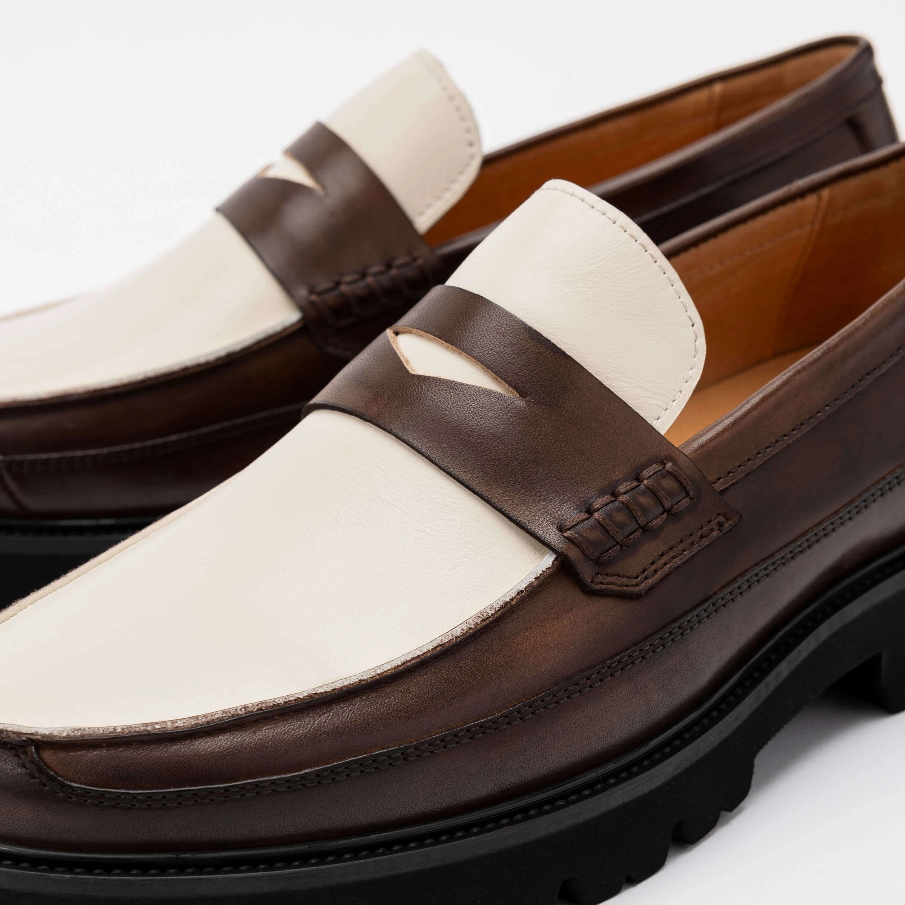Premium Build Adler Brown/White Leather Lug Penny Loafers