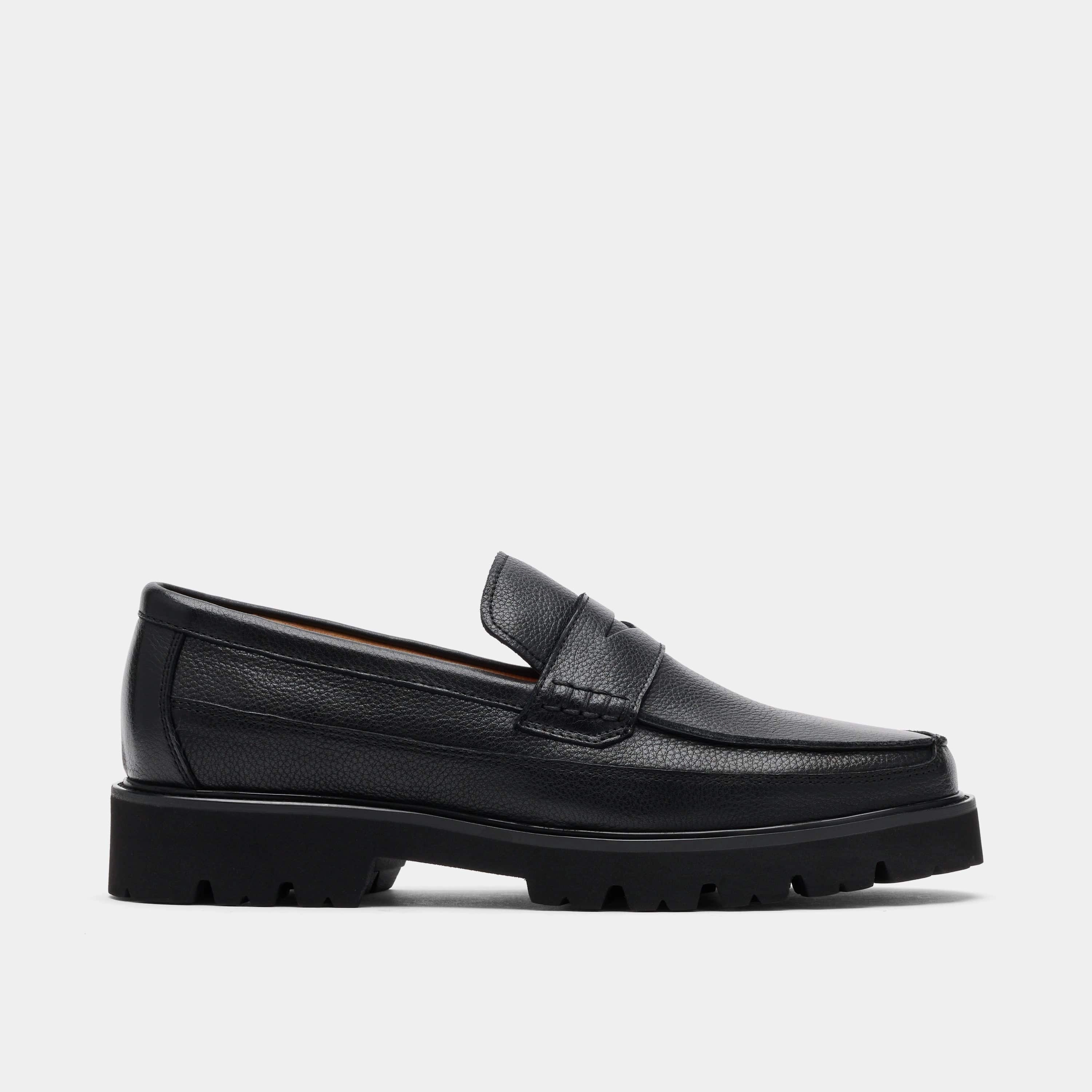 Driving Comfort Adler Black Pebble Leather Lug Penny Loafers