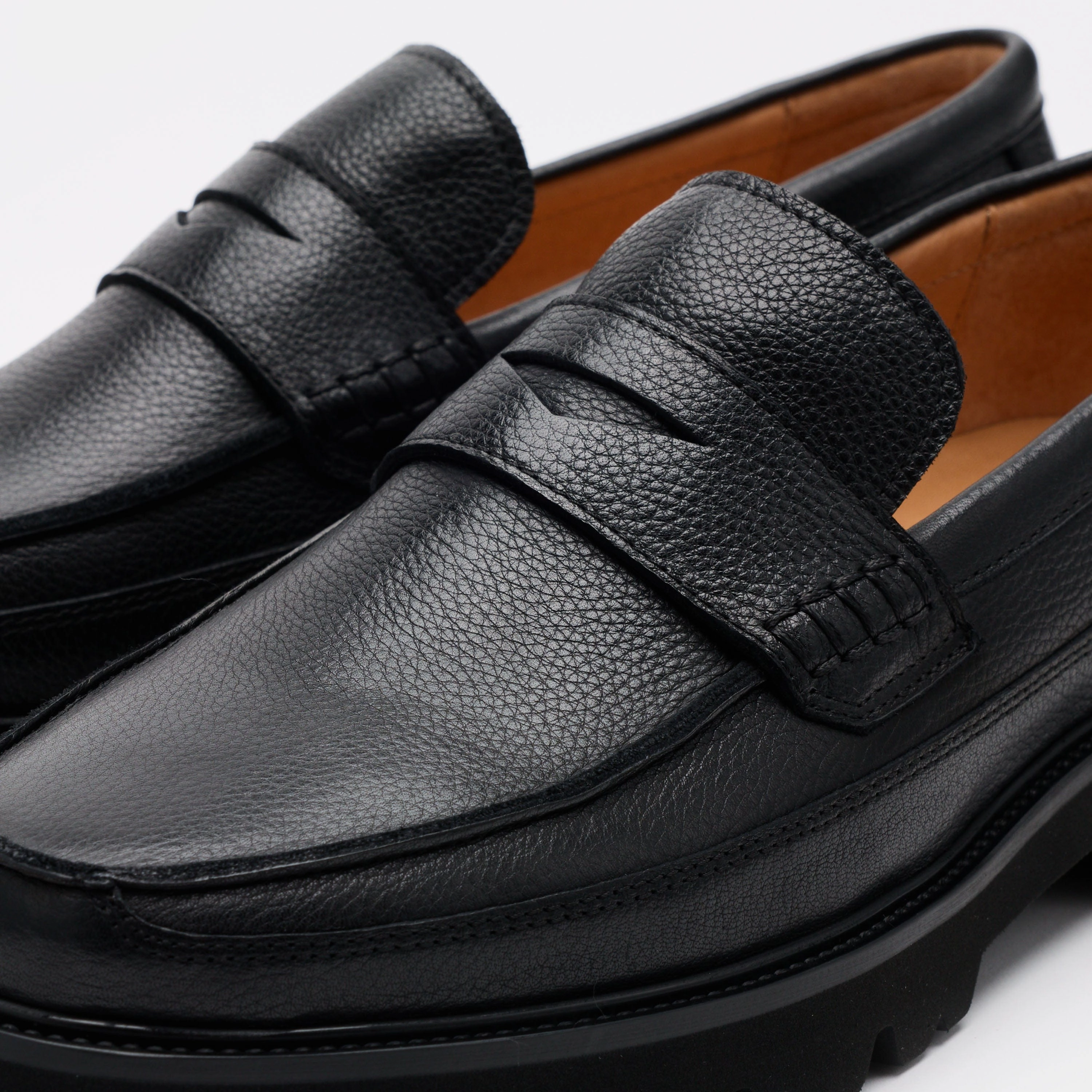 Professional Flats Adler Black Pebble Leather Lug Penny Loafers