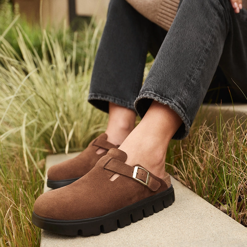 Quick On/Off Women's Papillio by Birkenstock Boston Narrow Chunky Dark Tea Suede