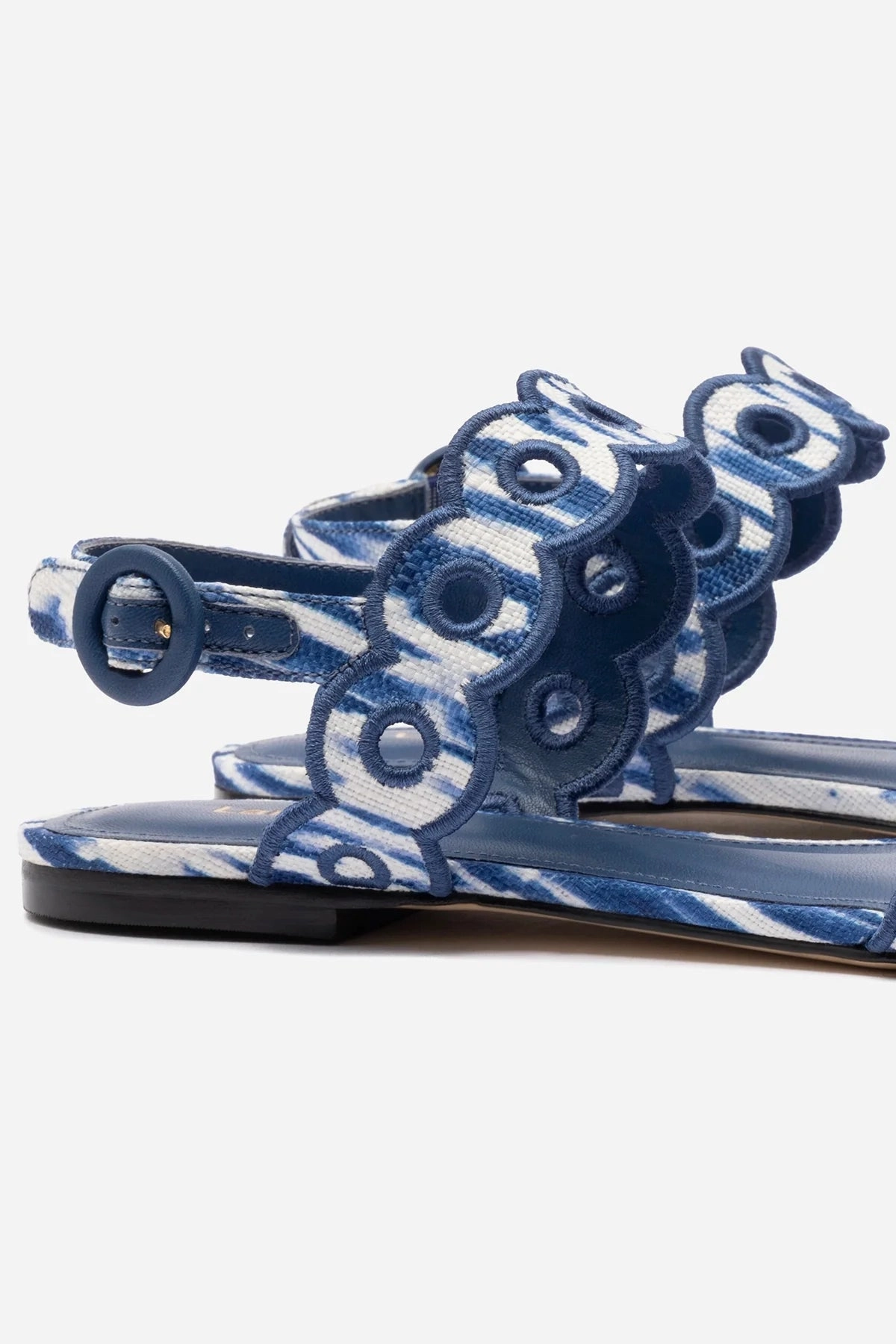 Seamless interior Florence Broderie Flat Sandal In Tie Dye Blue Raffia