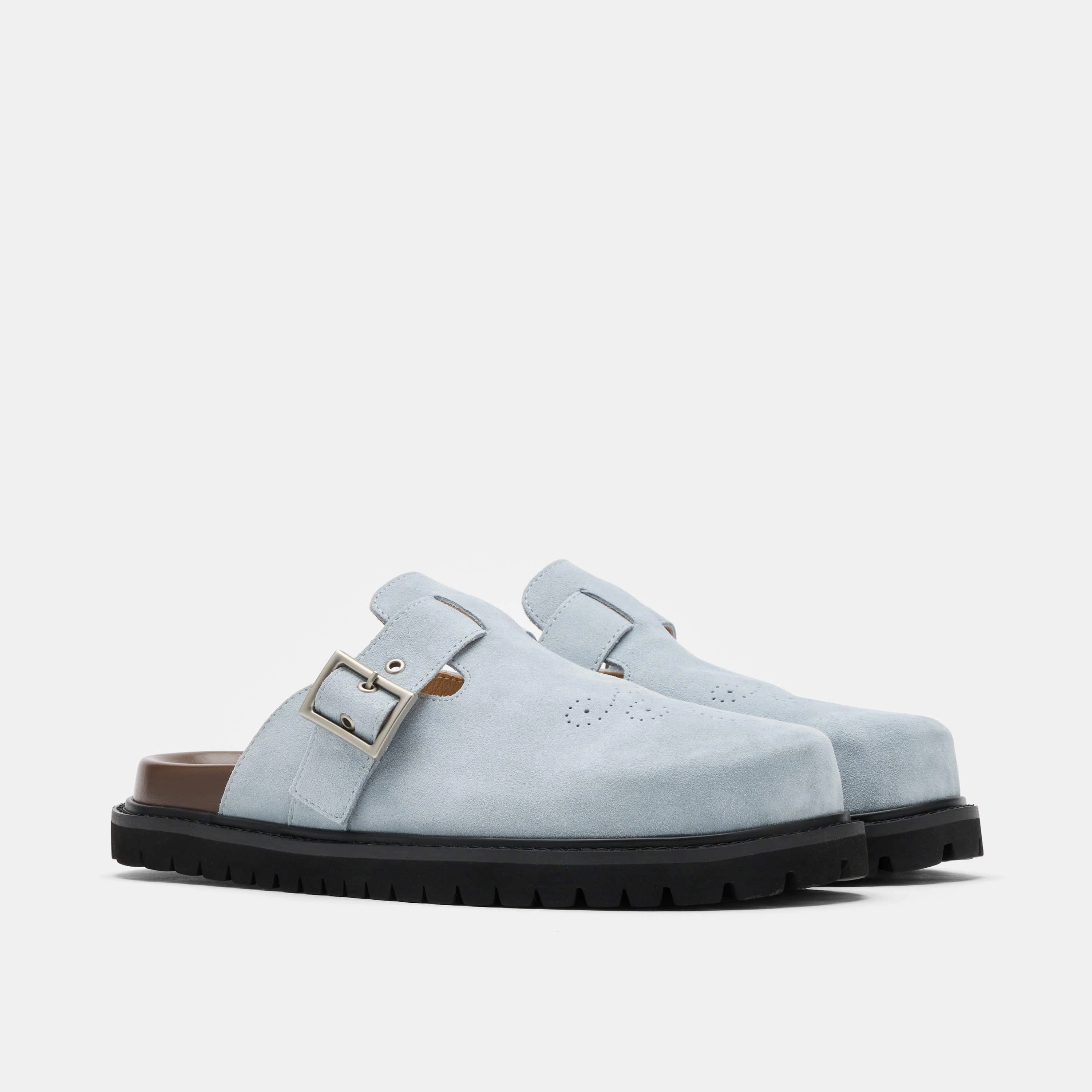 Shiloh Dusty Blue Suede Clogs Light Construction