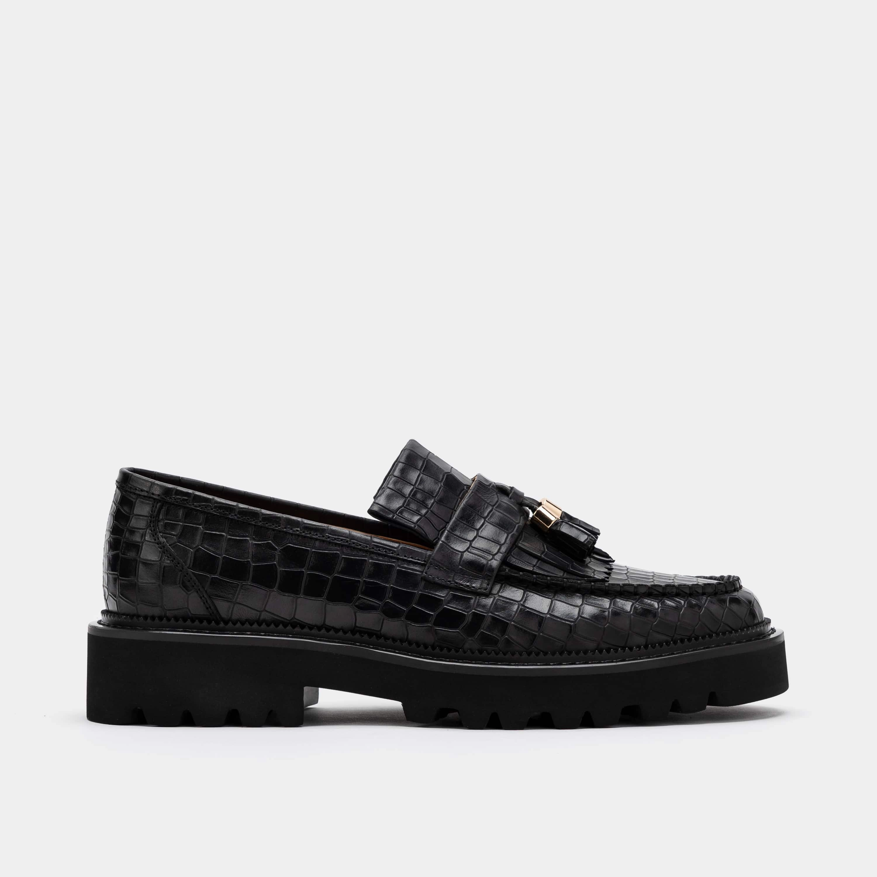 Journey Black Croc Leather Lug Tassel Loafer Tassel Loafers