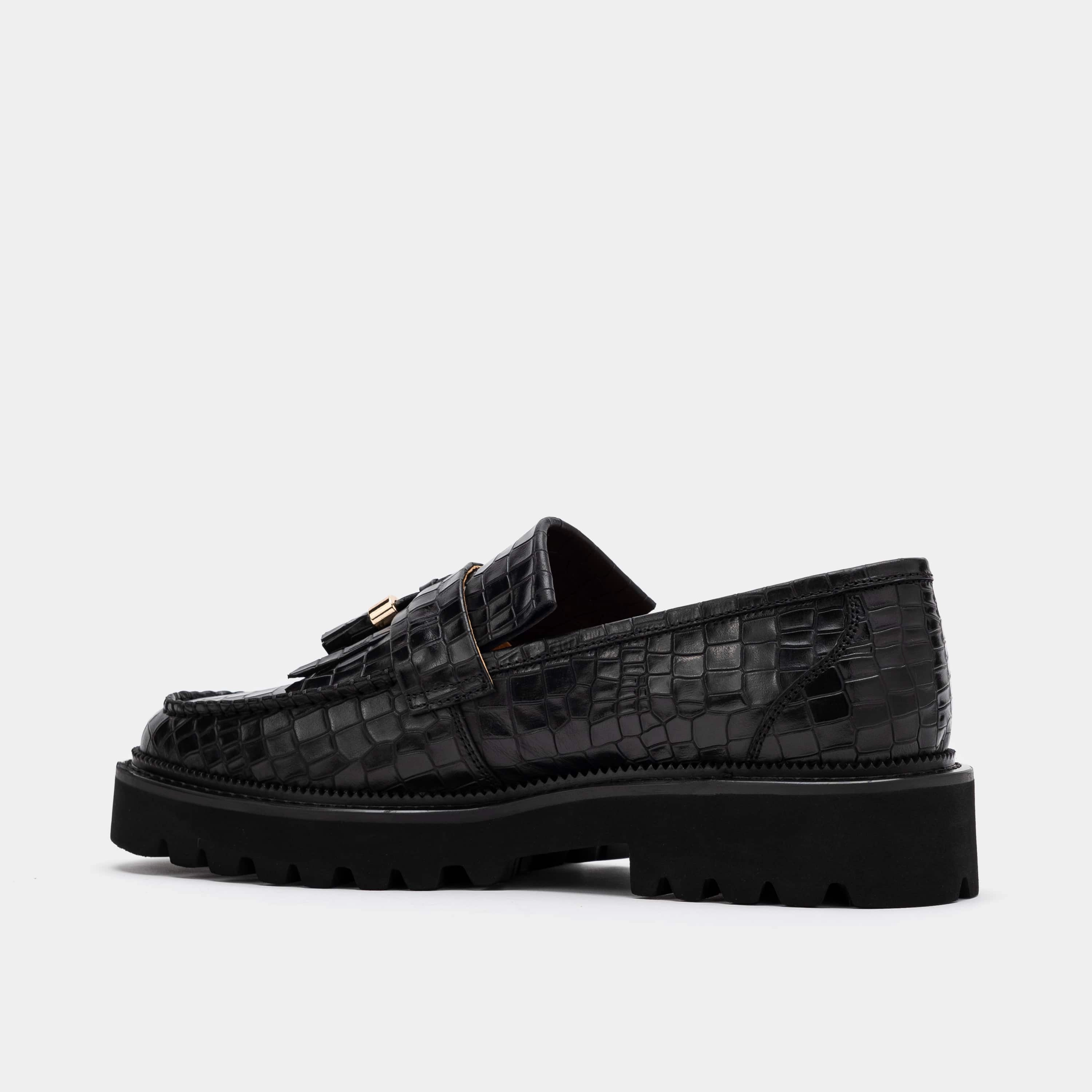 Simple Comfort Journey Black Croc Leather Lug Tassel Loafer