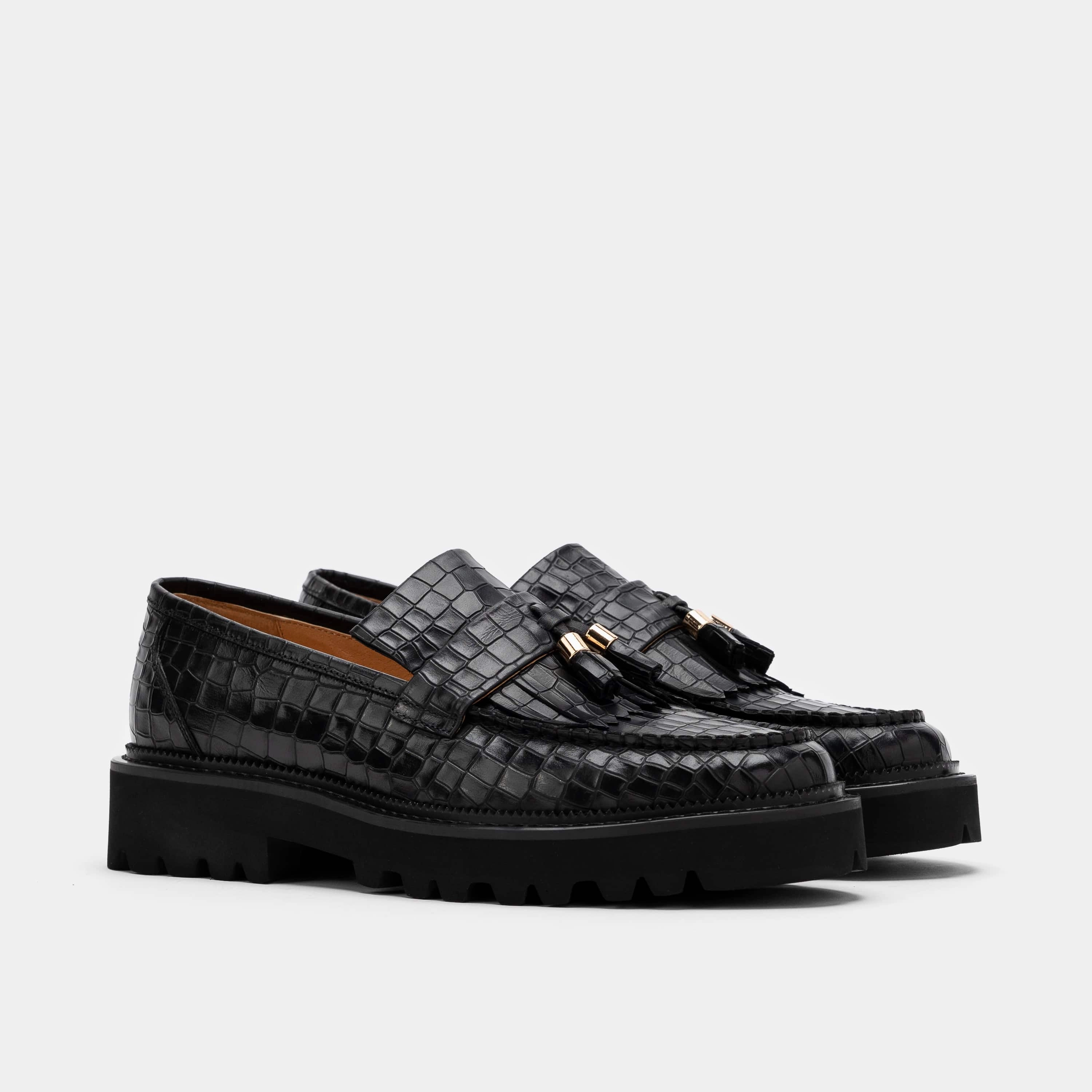 Simple Comfort Journey Black Croc Leather Lug Tassel Loafer