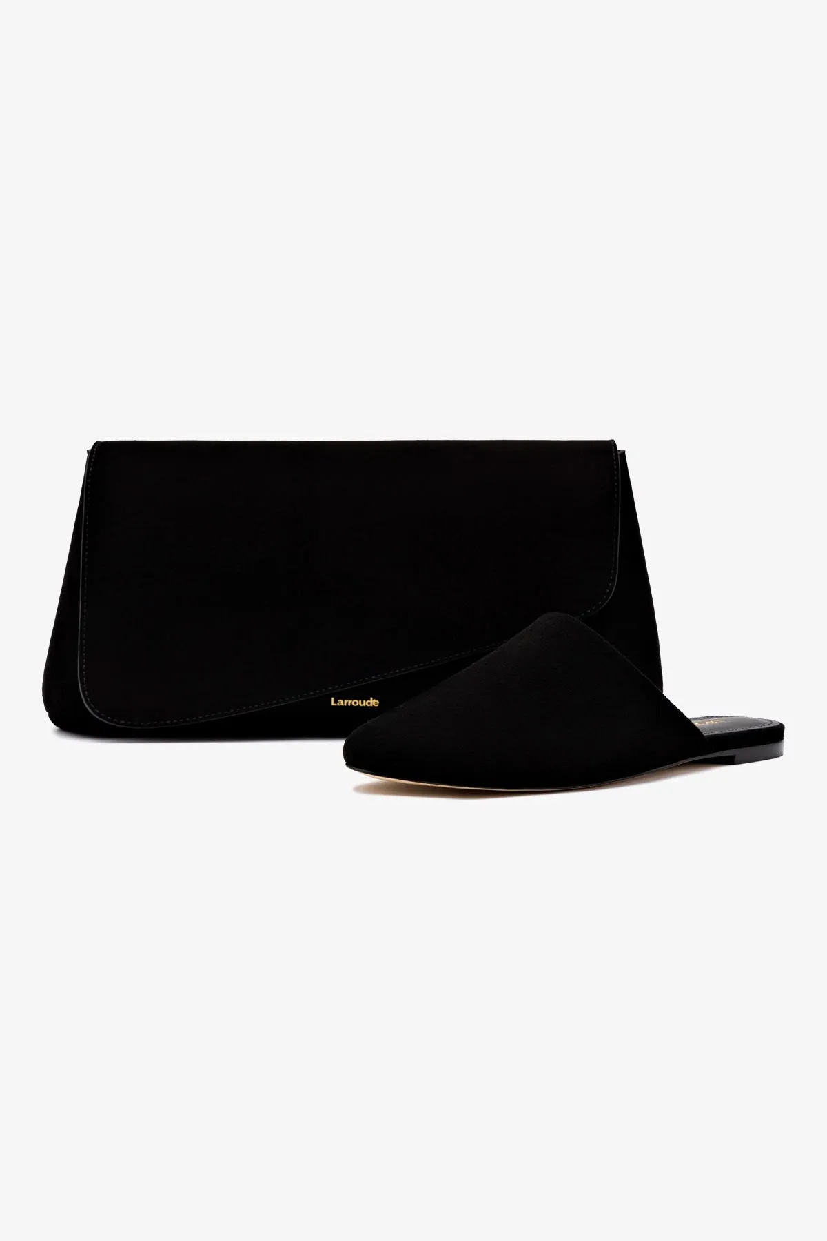 Practical Wear Light Support Shoes Venice Flat Mule and Pouch Kit In Black Suede