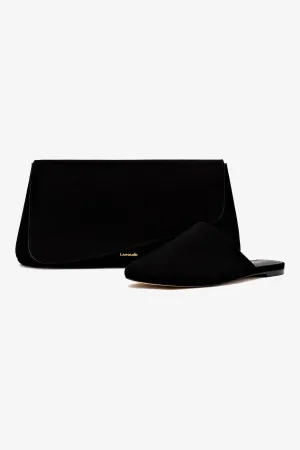 Practical Wear Light Support Shoes Venice Flat Mule and Pouch Kit In Black Suede