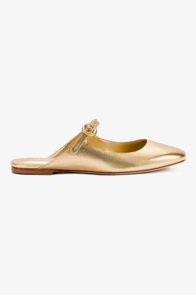 Blair Flat Mule In Gold Metallic Leather Durable Shoe Construction Cozy Fit