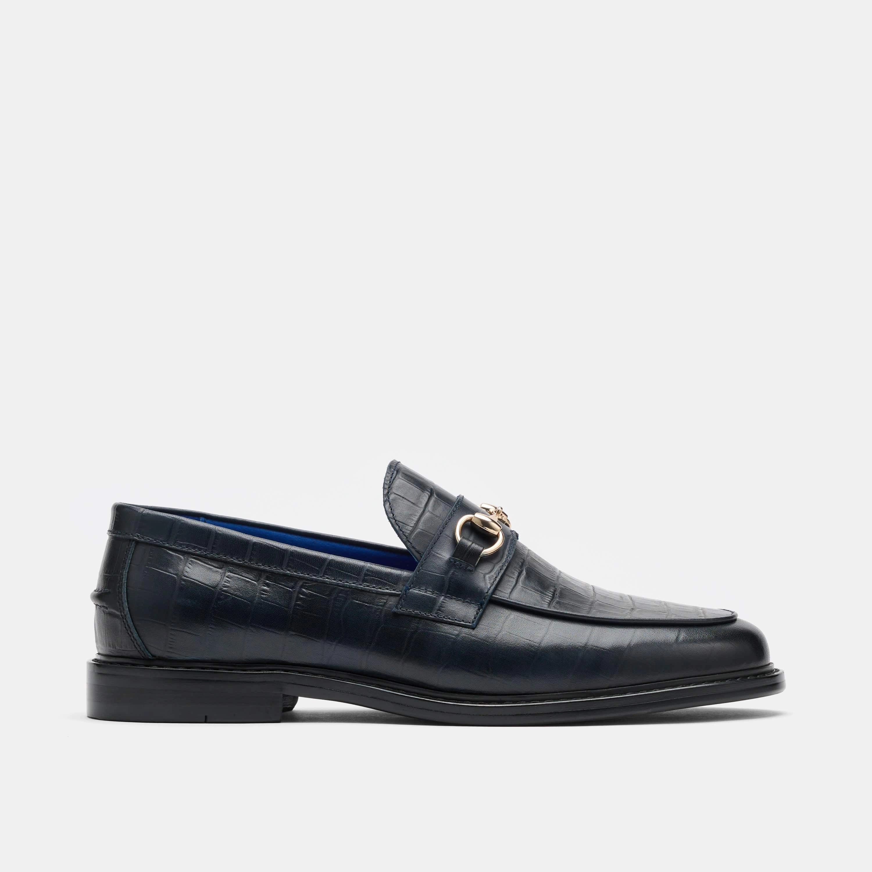 Plush comfort Adjustable Strap Boardwalk Navy Croc Leather Horse-Bit Loafers