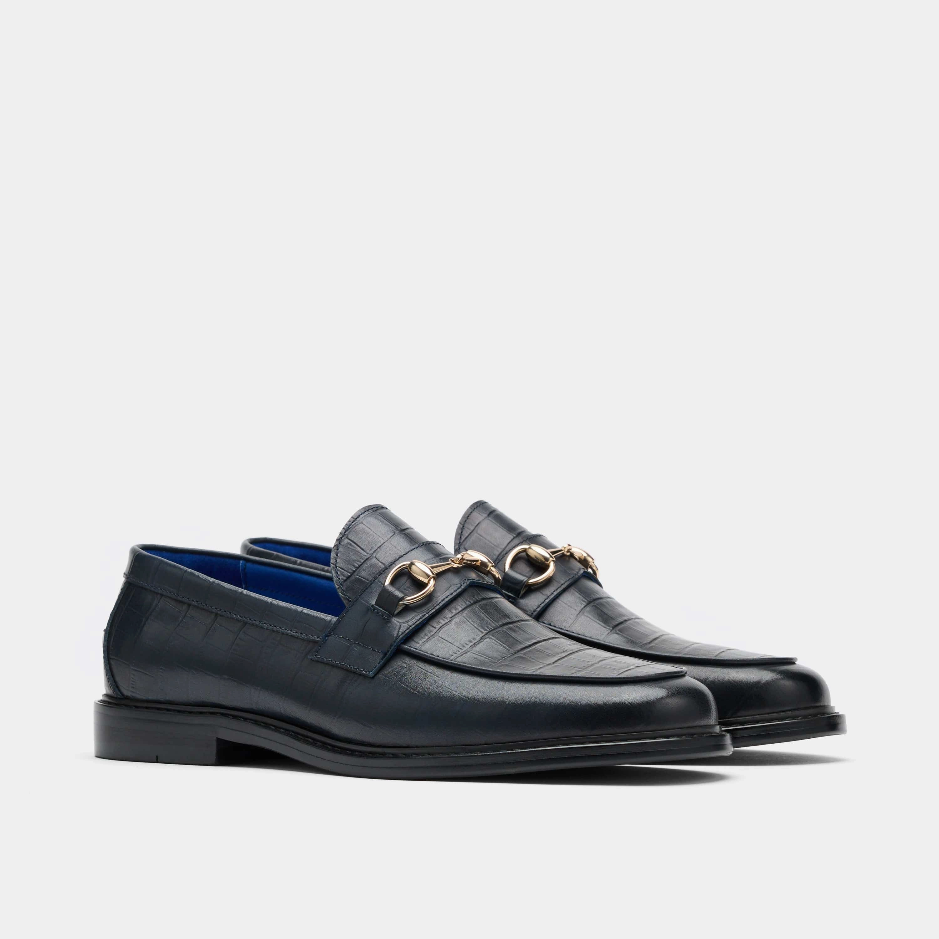 Style Solution Boardwalk Navy Croc Leather Horse-Bit Loafers