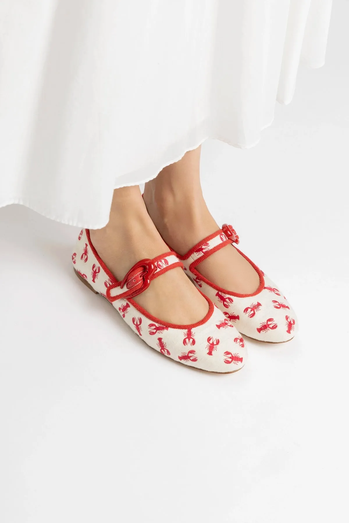Timeless Appeal Verona Ballet Flat In White Striped Fabric and Lobster Embroidery