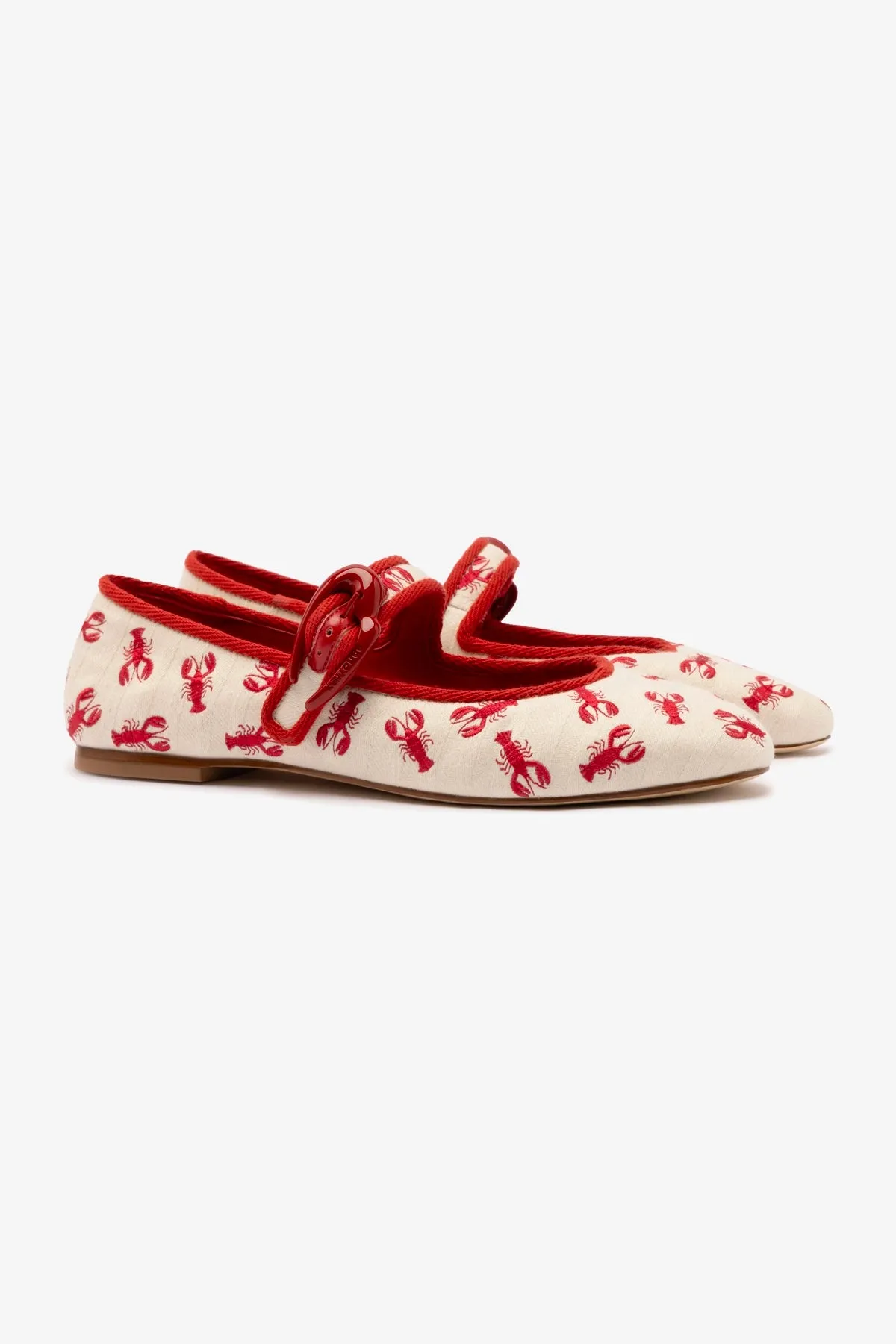 Timeless Appeal Verona Ballet Flat In White Striped Fabric and Lobster Embroidery