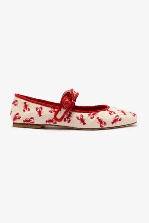 Versatile Cushion Cozy Fit Verona Ballet Flat In White Striped Fabric and Lobster Embroidery