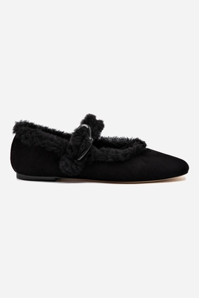 Verona Ballet Flat In Black Suede And Black Shearling Flexible Outsole Shoes