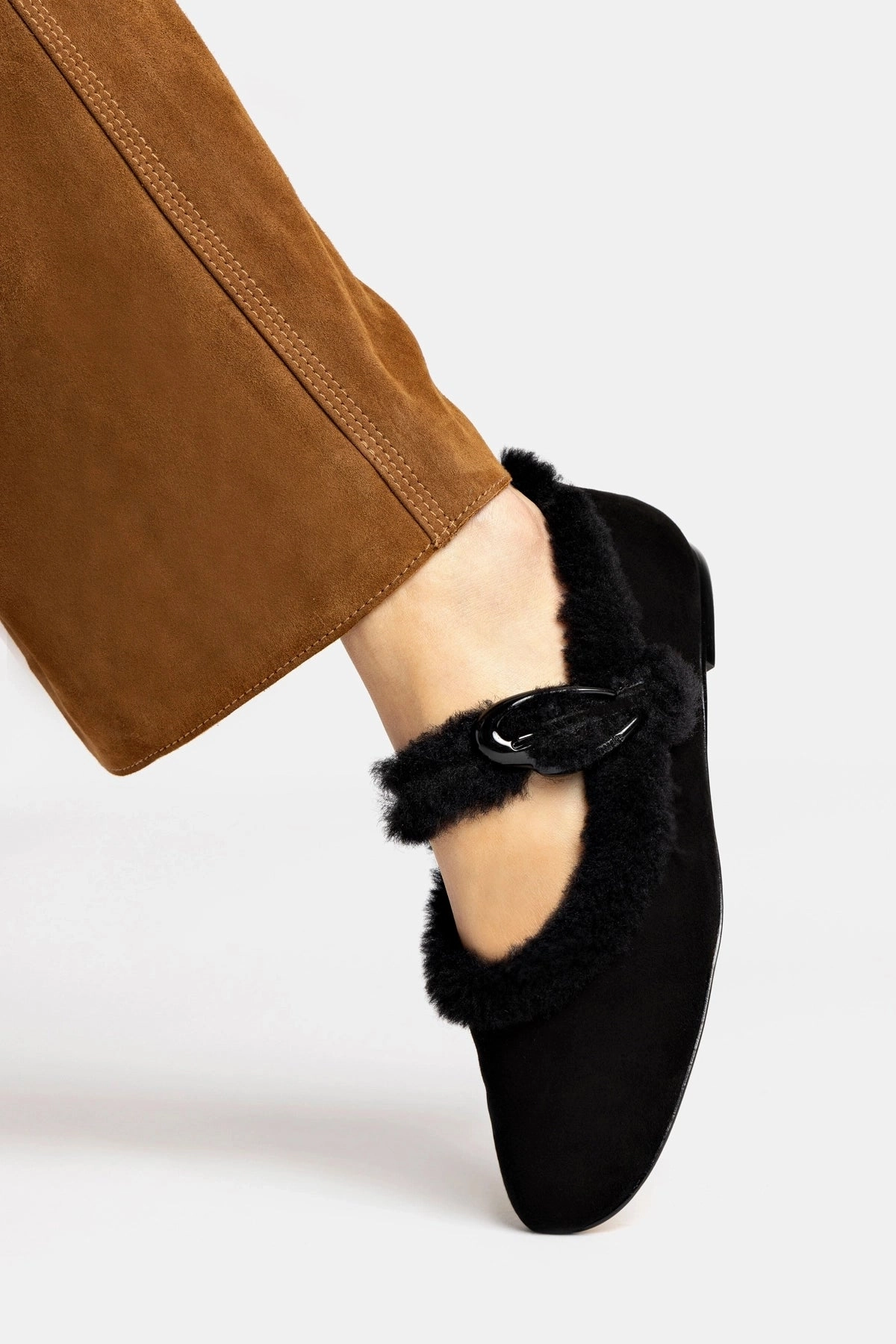 Timeless Appeal Verona Ballet Flat In Black Suede And Black Shearling