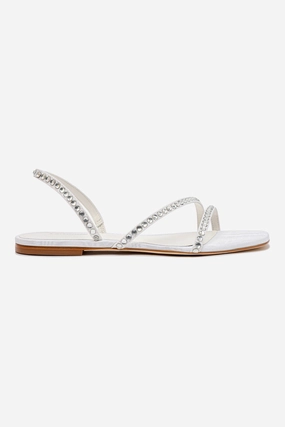 Vicky Flat Sandal In White Fabric and Crystals Easy Fit