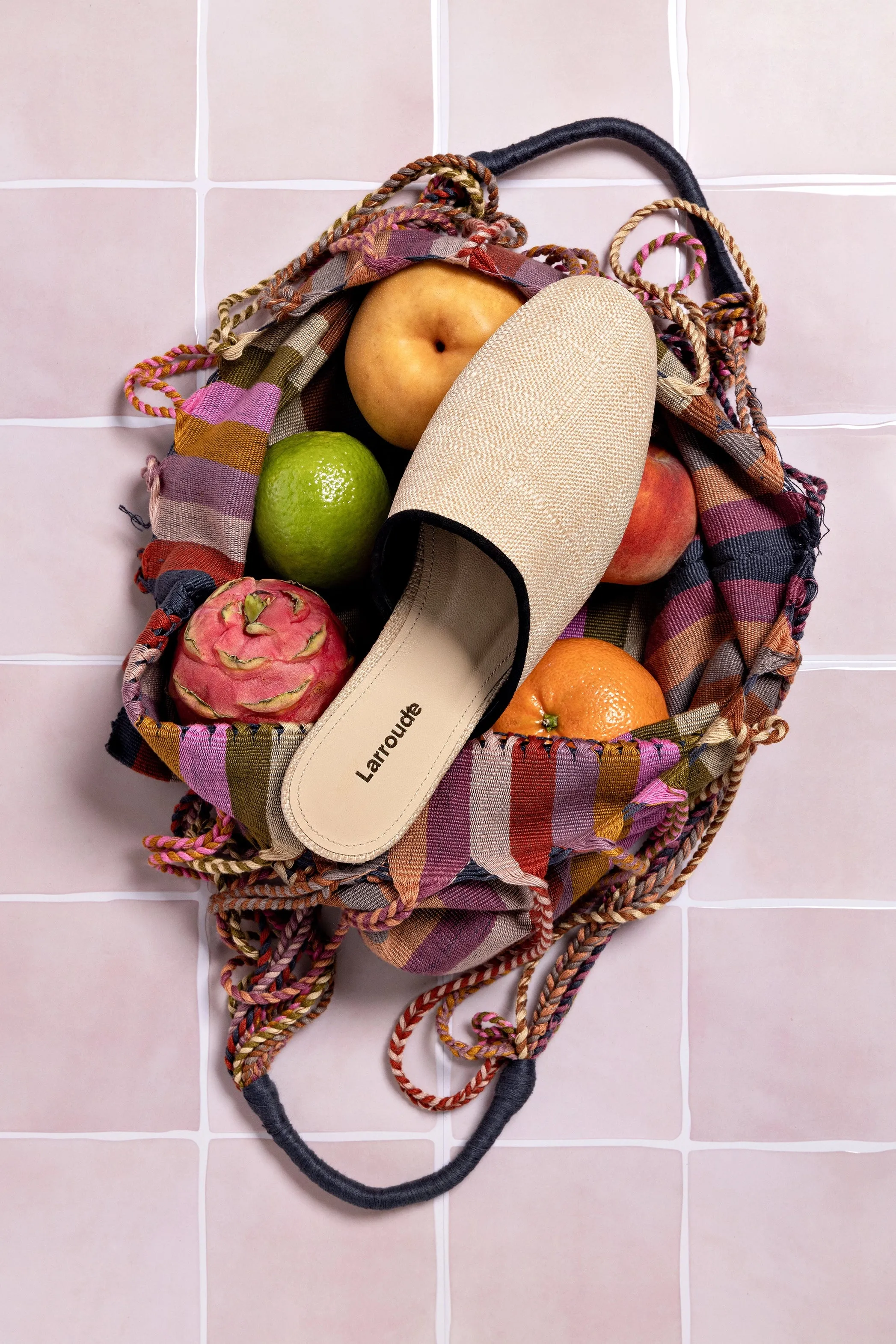 Venice Flat Mule In Beige Raffia and Black Trimming High Quality