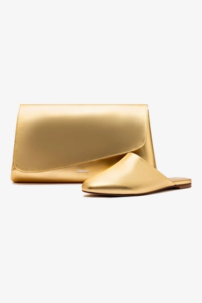 Foldable Travel Footwear Versatile Walk Venice Flat Mule and Pouch Kit In Gold Metallic Leather