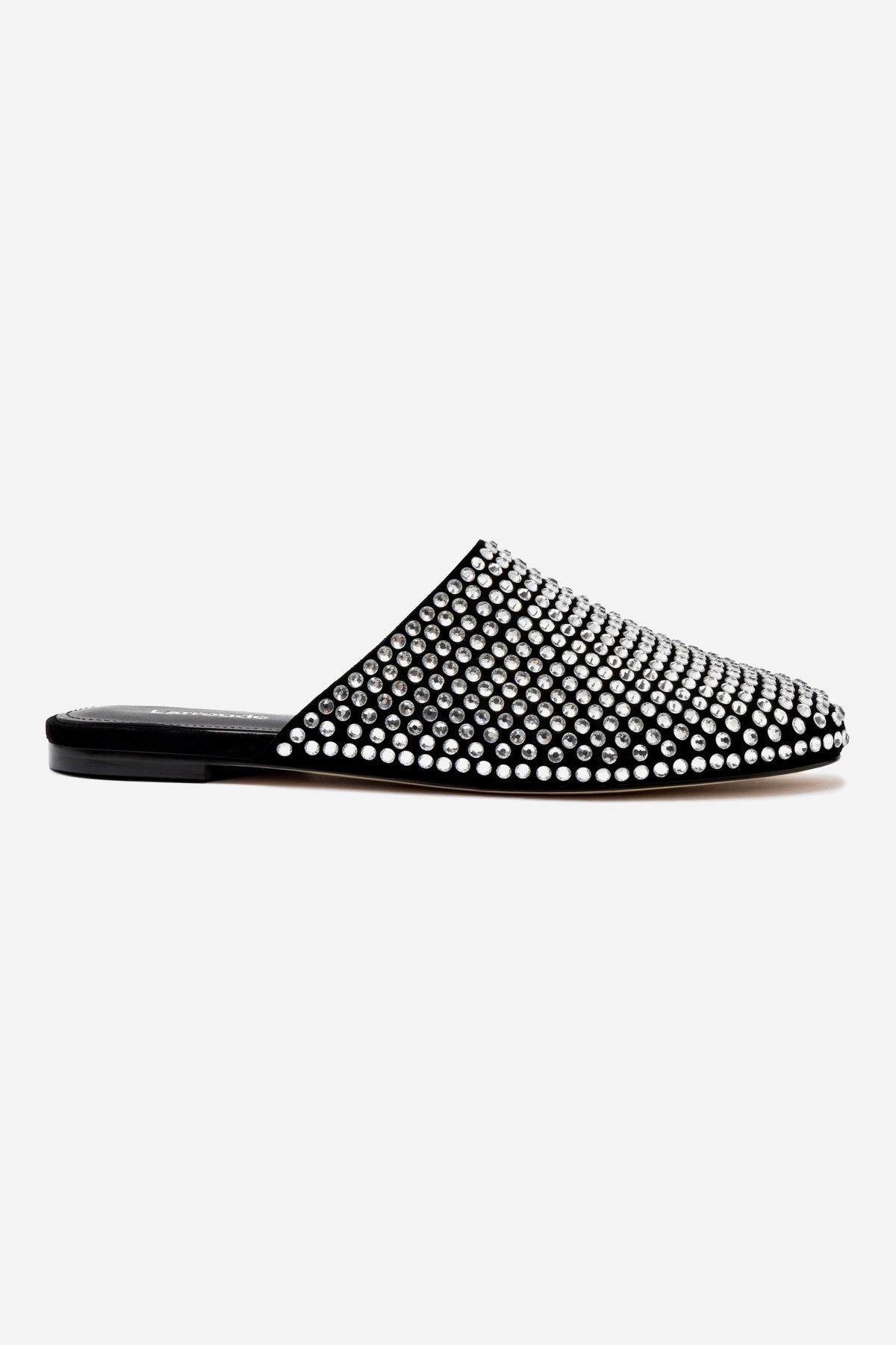 Sleek Profile Shoes Stretch Fit Footwear Venice Flat Mule Crystal In Black Suede
