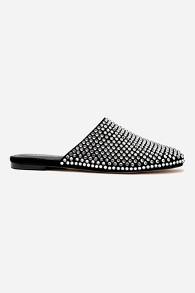 Sleek Profile Shoes Stretch Fit Footwear Venice Flat Mule Crystal In Black Suede