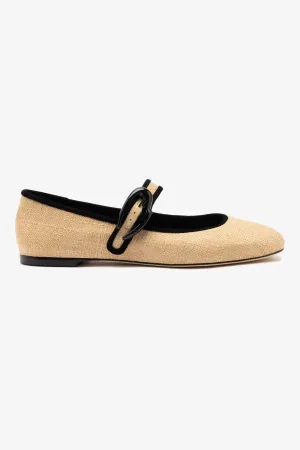 Verona Ballet Flat In Beige Raffia and Black Trimming Trendy Walk Fashion Ease Shoes