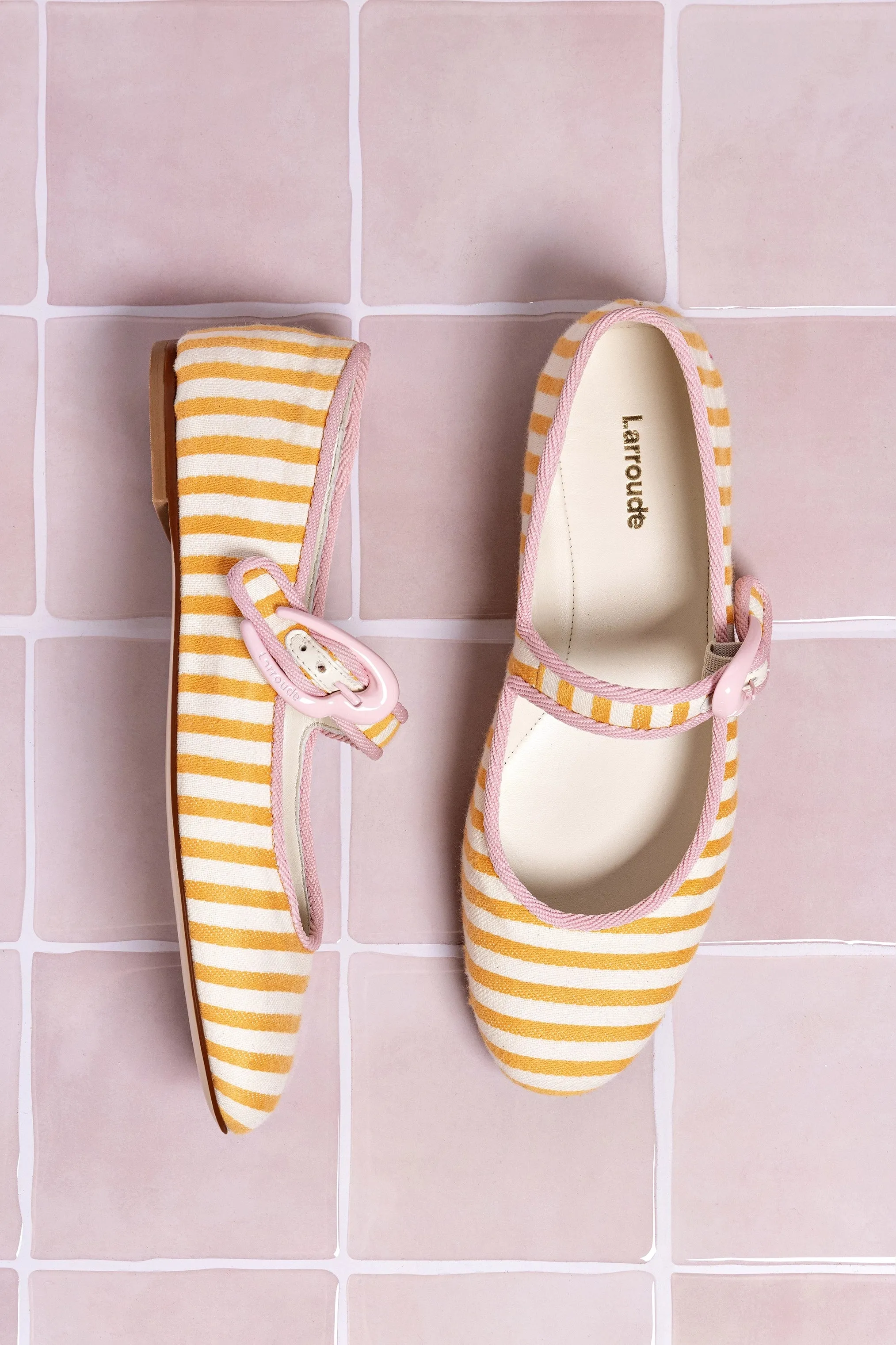 Verona Ballet Flat In Marigold and Natural Striped Fabric and Tulip Trimming Soft cushion