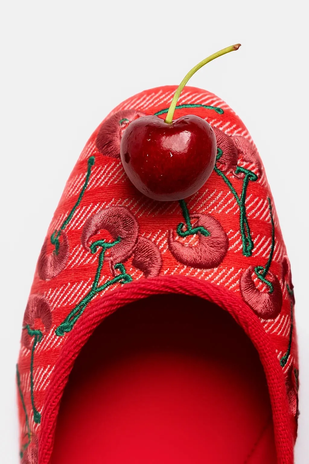 Verona Ballet Flat In Raspberry Striped Fabric and Cherry Embroidery Style Step