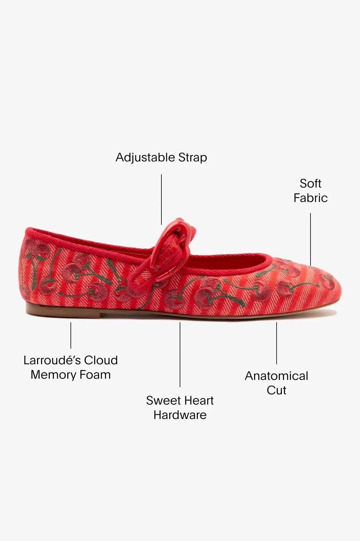 Verona Ballet Flat In Raspberry Striped Fabric and Cherry Embroidery Style Step