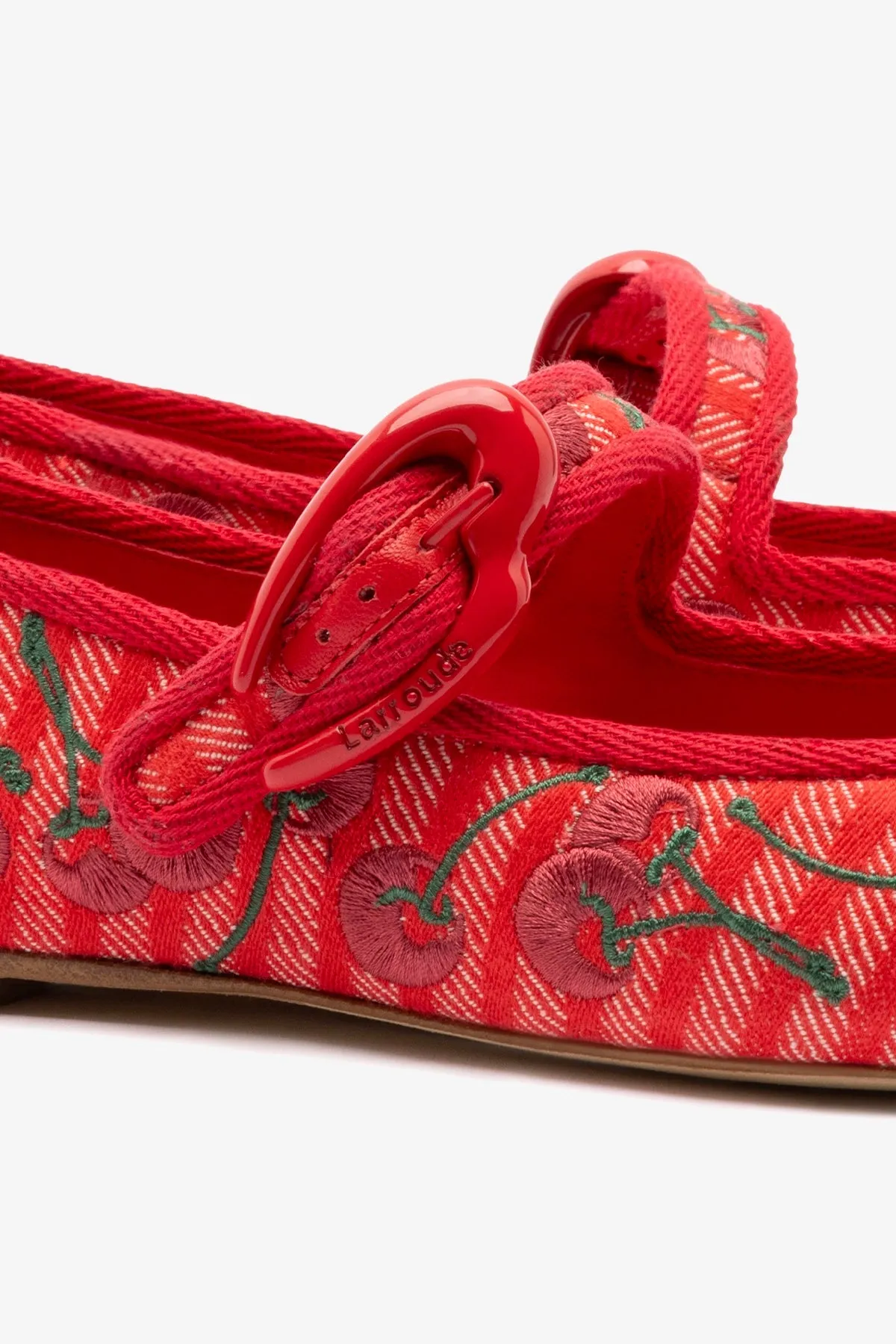 Verona Ballet Flat In Raspberry Striped Fabric and Cherry Embroidery Style Step