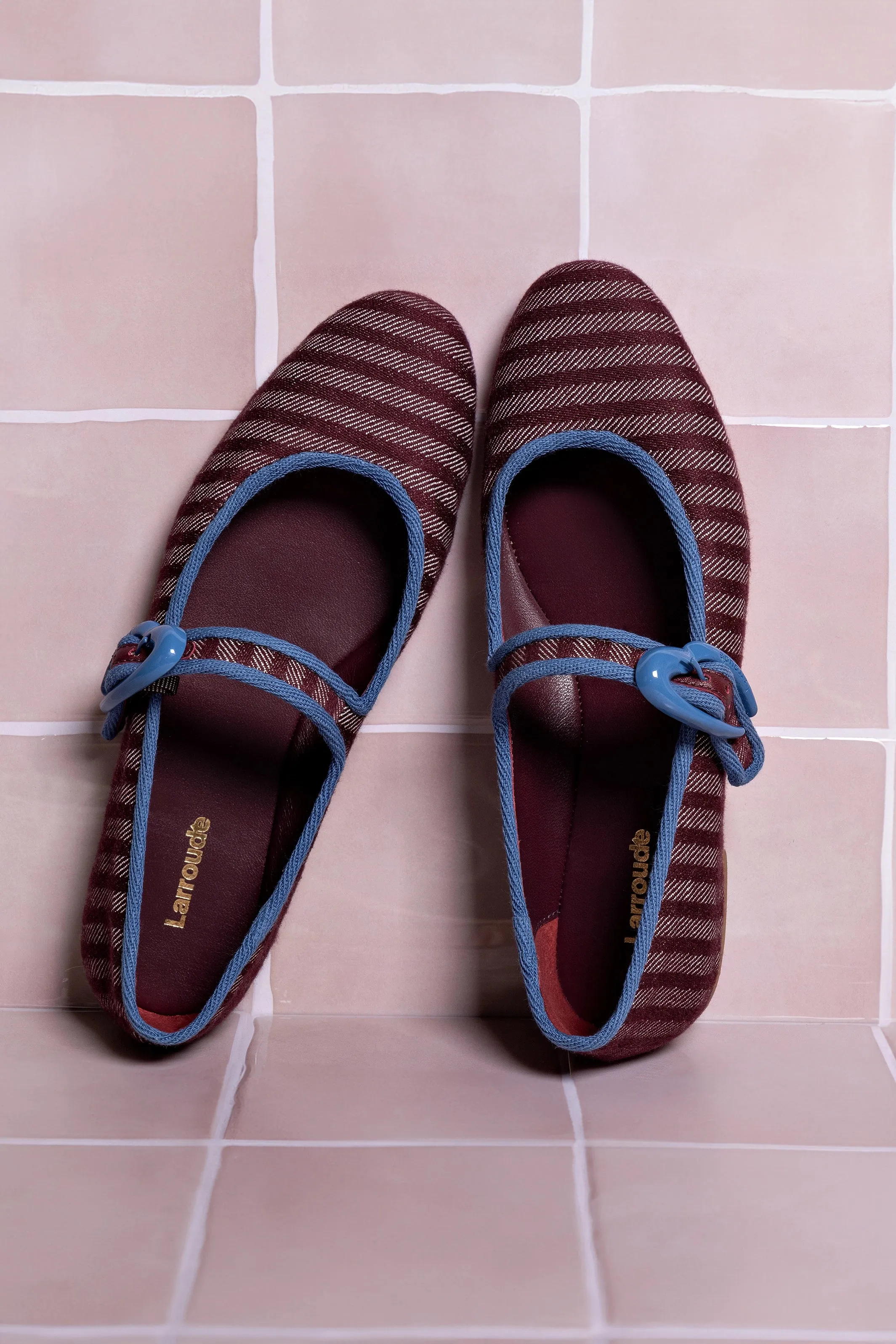 Verona Ballet Flat In Wine Striped Fabric and Blue Stoned Trimming Walk Easy