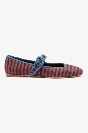 Verona Ballet Flat In Wine Striped Fabric and Blue Stoned Trimming Sleek Look