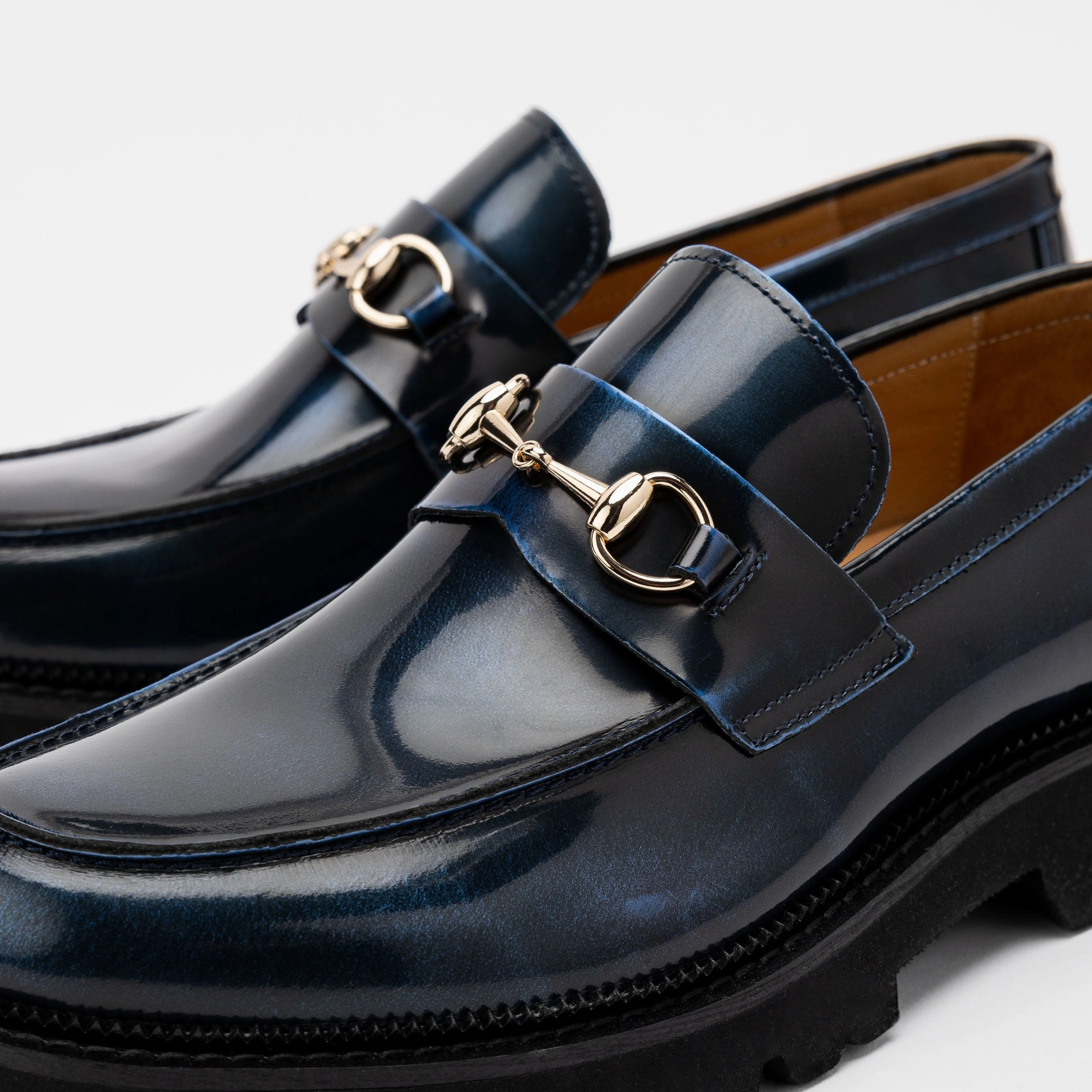 Versatile Design Blake Navy Patent Leather Lug Bit Loafers