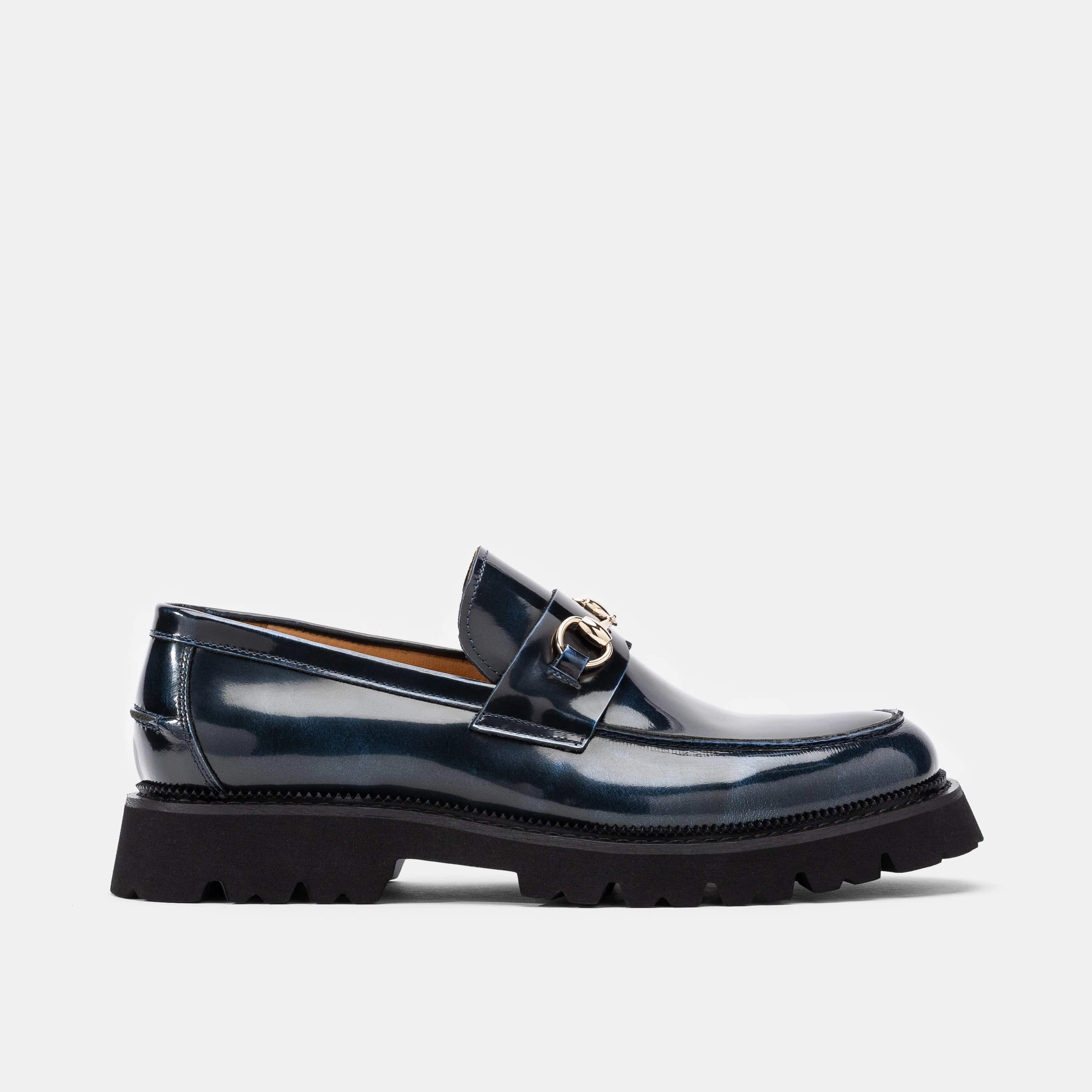 Entrepreneur Look Blake Navy Patent Leather Lug Bit Loafers
