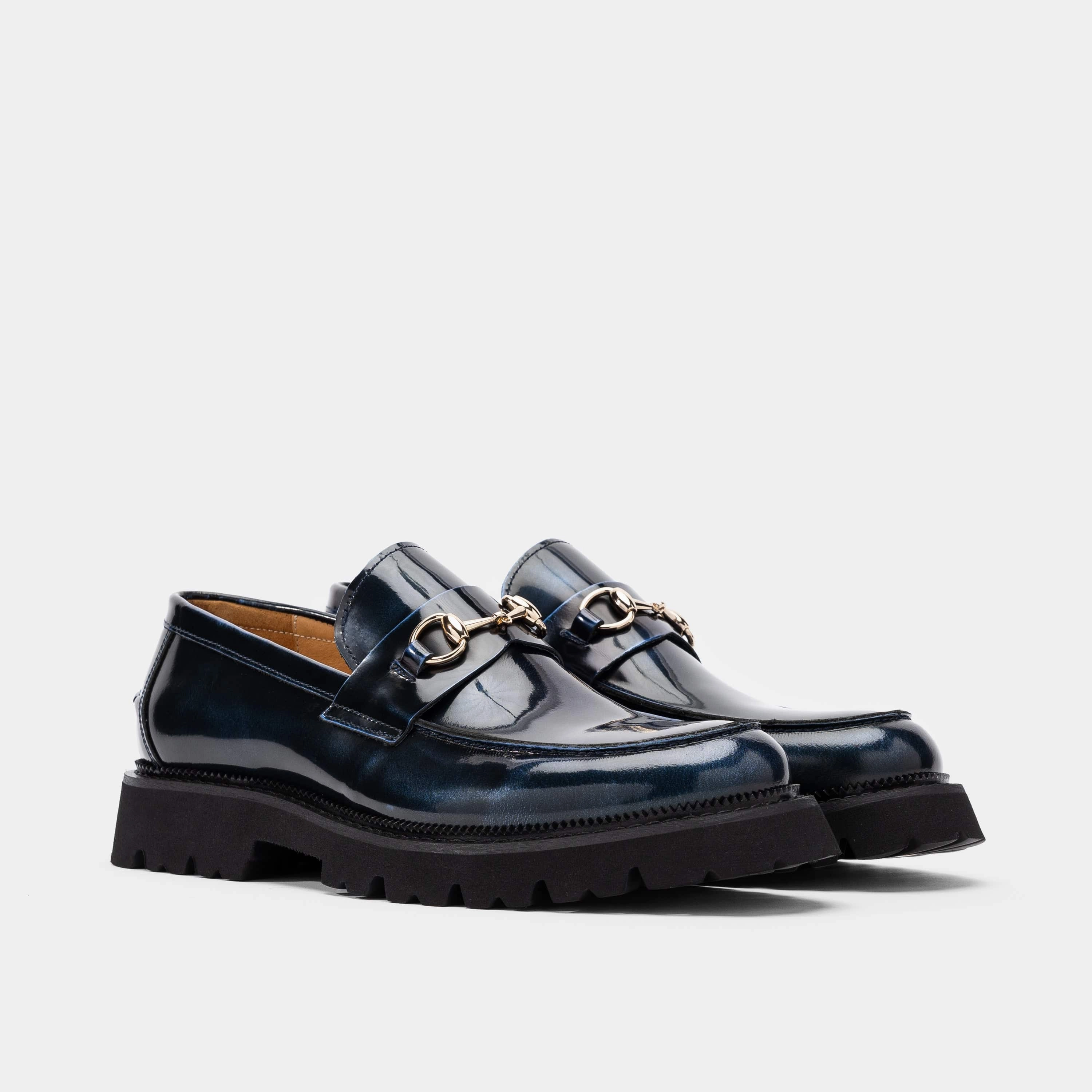 Versatile Design Blake Navy Patent Leather Lug Bit Loafers