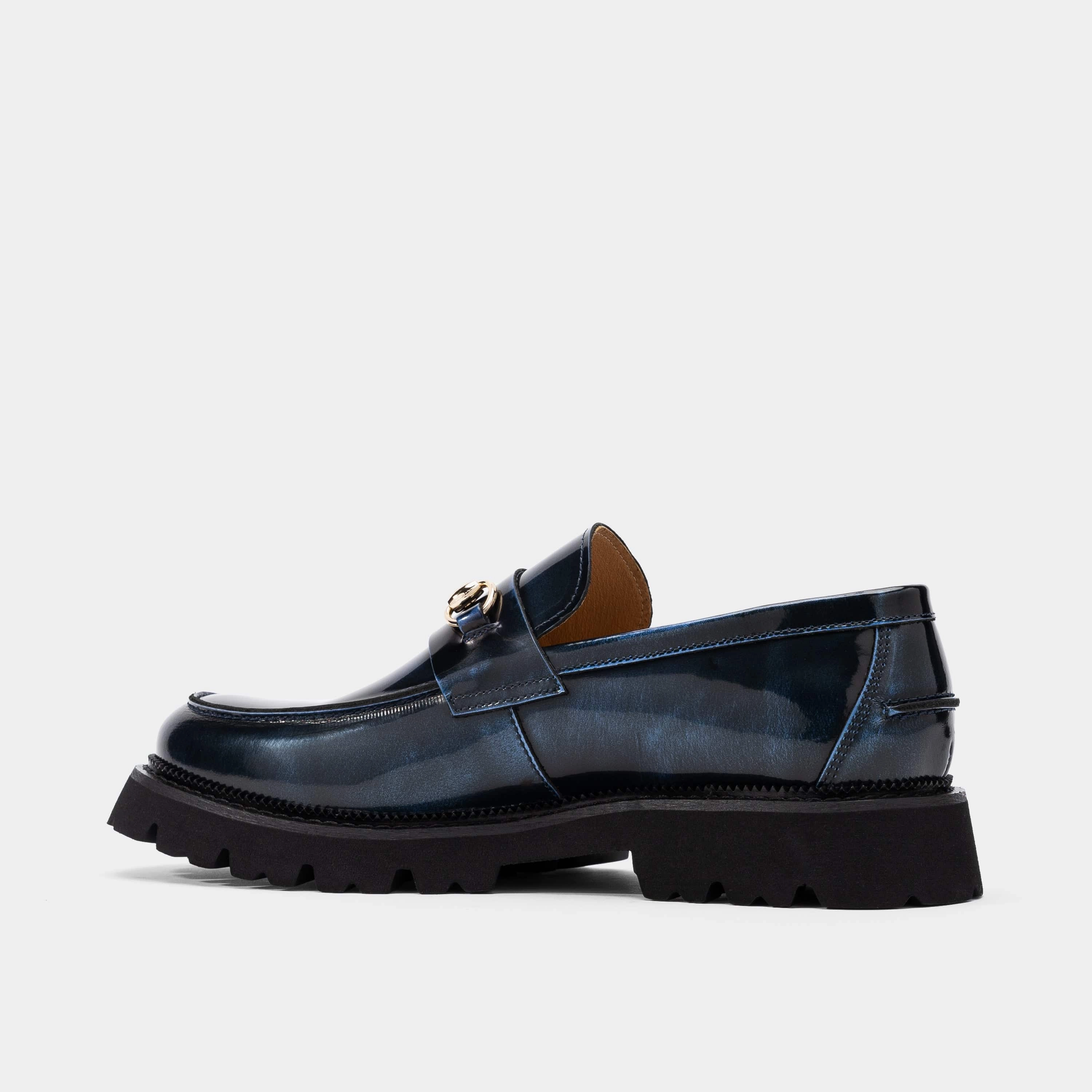 Versatile Design Blake Navy Patent Leather Lug Bit Loafers